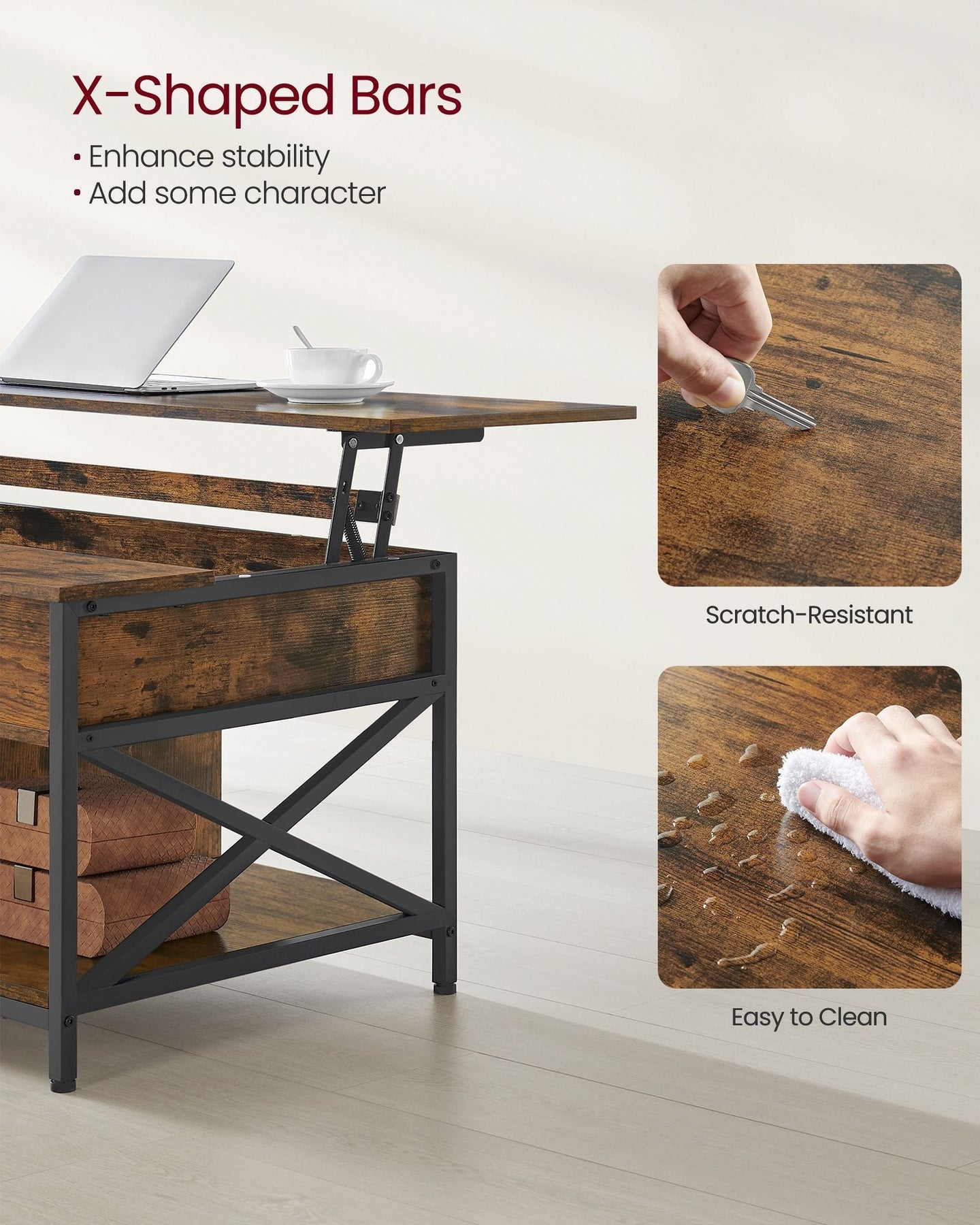 Lift-Top Coffee Table - Wood - Natural Finish - Open and Hidden Storage with X-Shaped Design