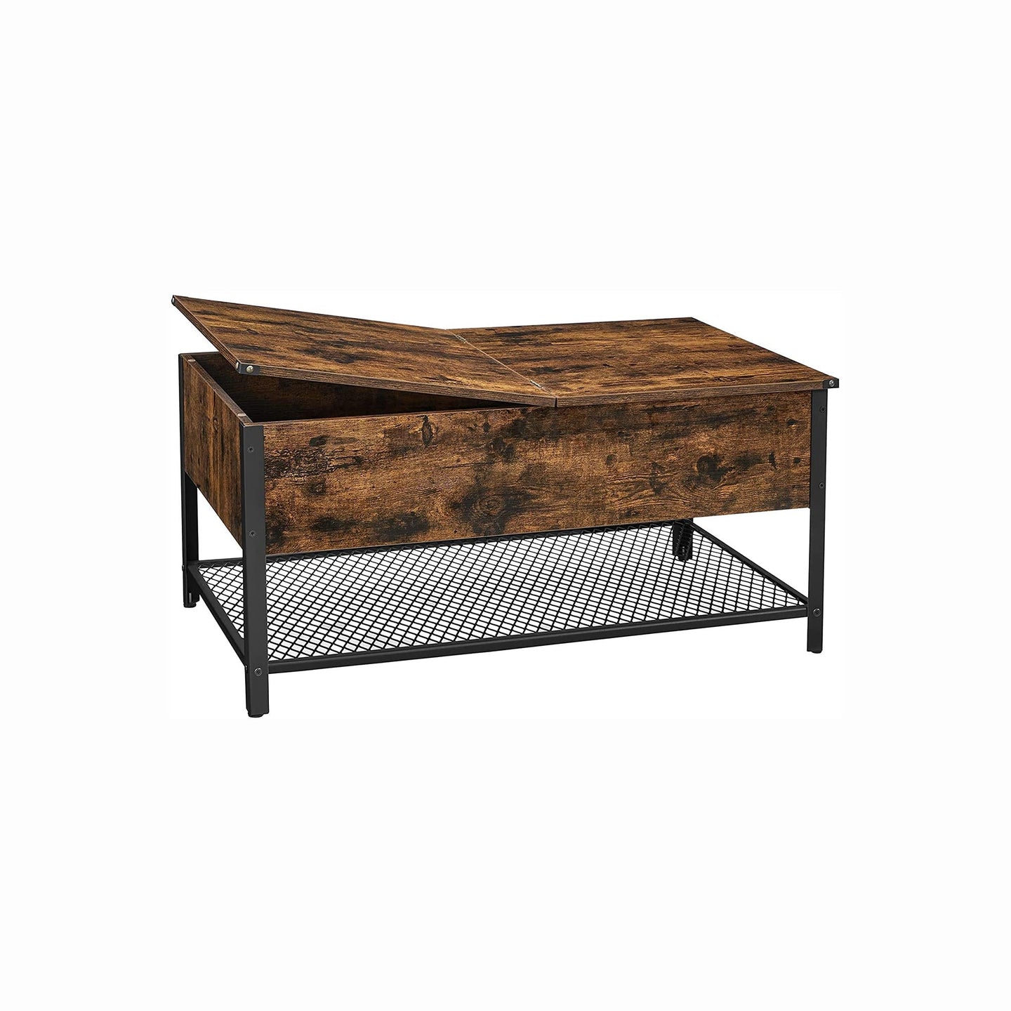 Coffee Table - Steel - Rustic Brown and Black - Folding Top with Hidden Storage and Mesh Shelf