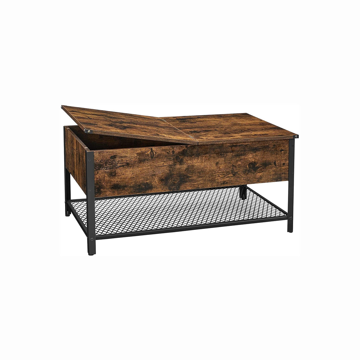 Coffee Table - Steel - Rustic Brown and Black - Folding Top with Hidden Storage and Mesh Shelf