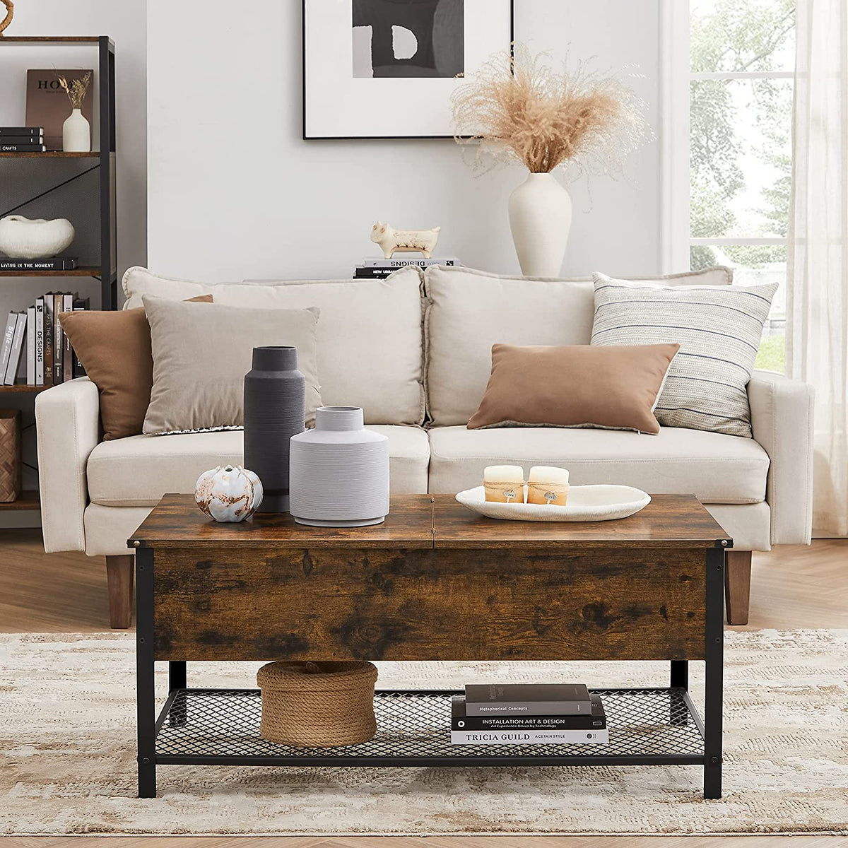 Coffee Table - Steel - Rustic Brown and Black - Folding Top with Hidden Storage and Mesh Shelf