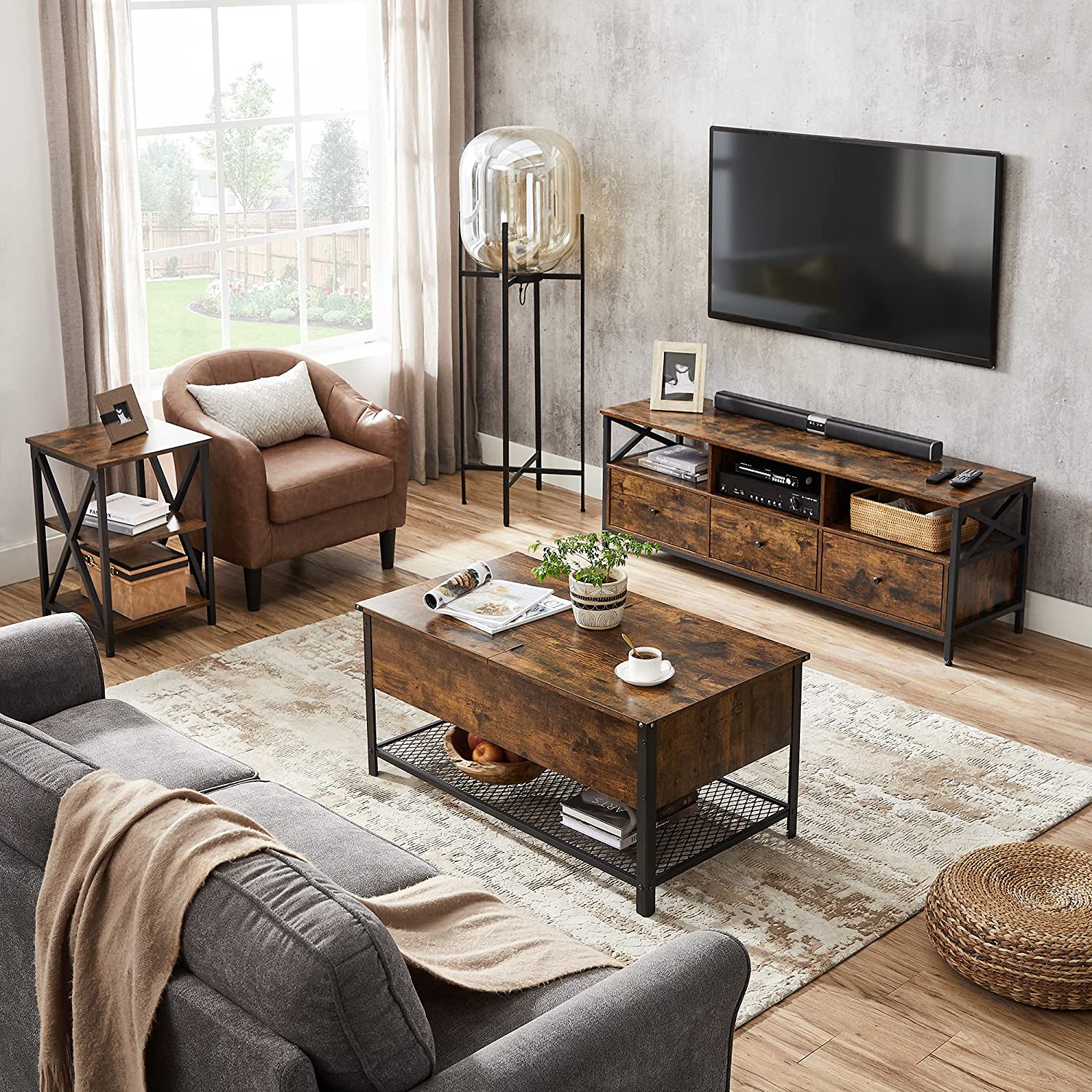 Coffee Table - Steel - Rustic Brown and Black - Folding Top with Hidden Storage and Mesh Shelf
