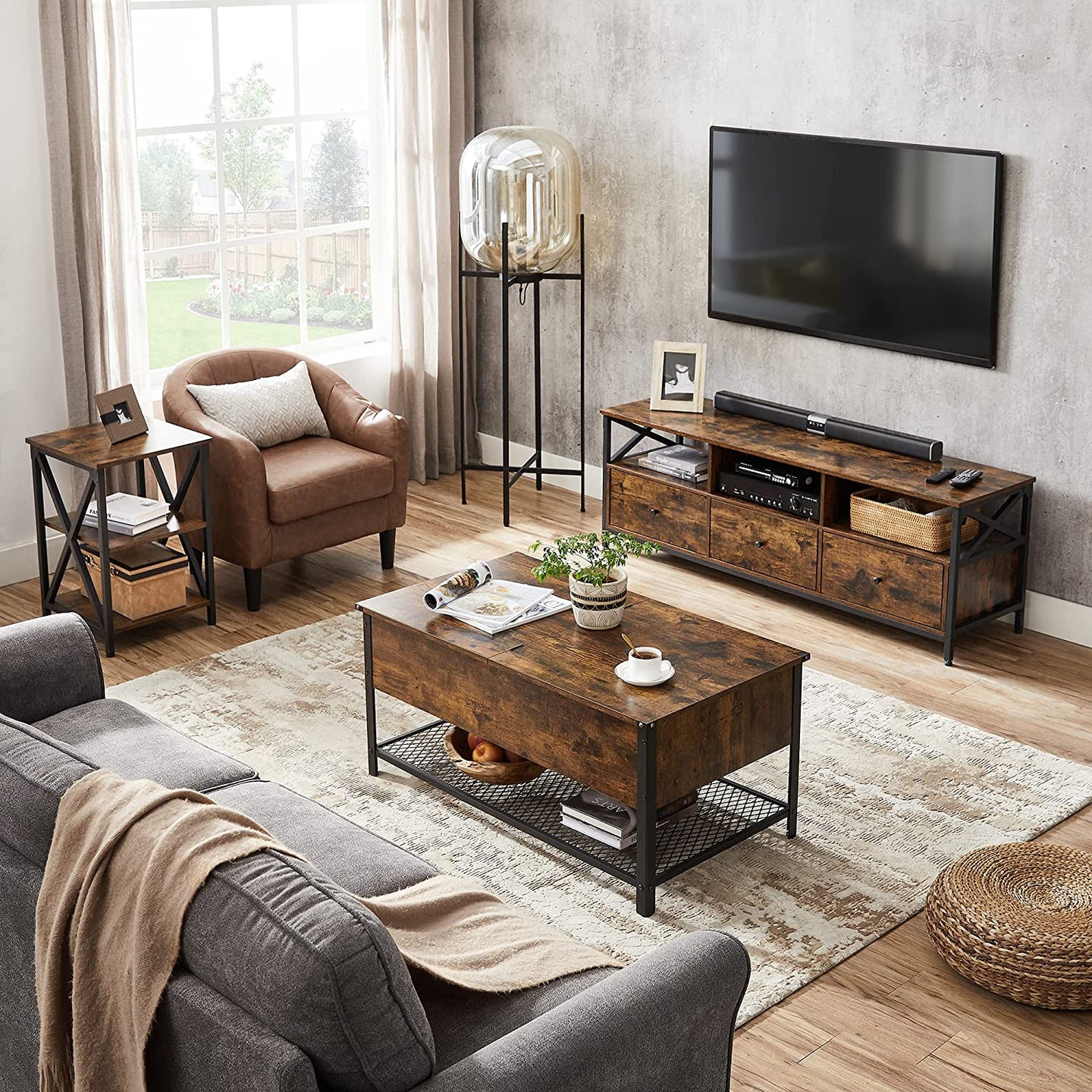 Coffee Table - Steel - Rustic Brown and Black - Folding Top with Hidden Storage and Mesh Shelf