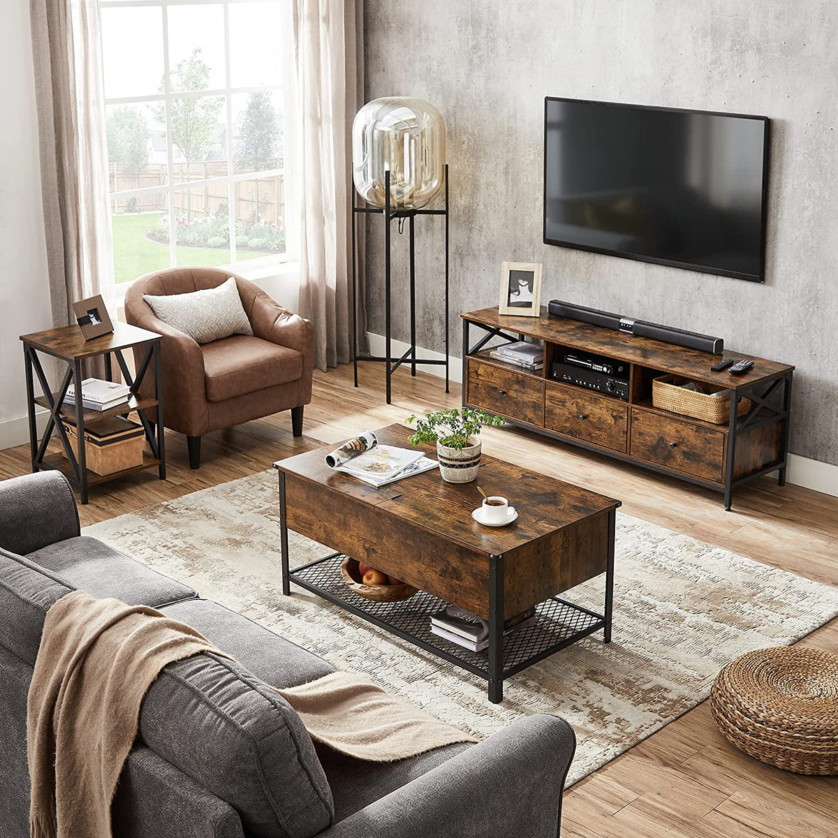 Coffee Table - Steel - Rustic Brown and Black - Folding Top with Hidden Storage and Mesh Shelf