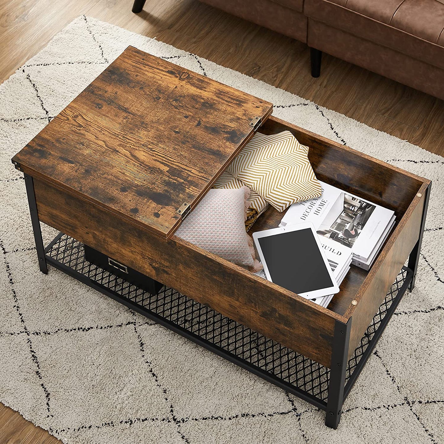 Coffee Table - Steel - Rustic Brown and Black - Folding Top with Hidden Storage and Mesh Shelf