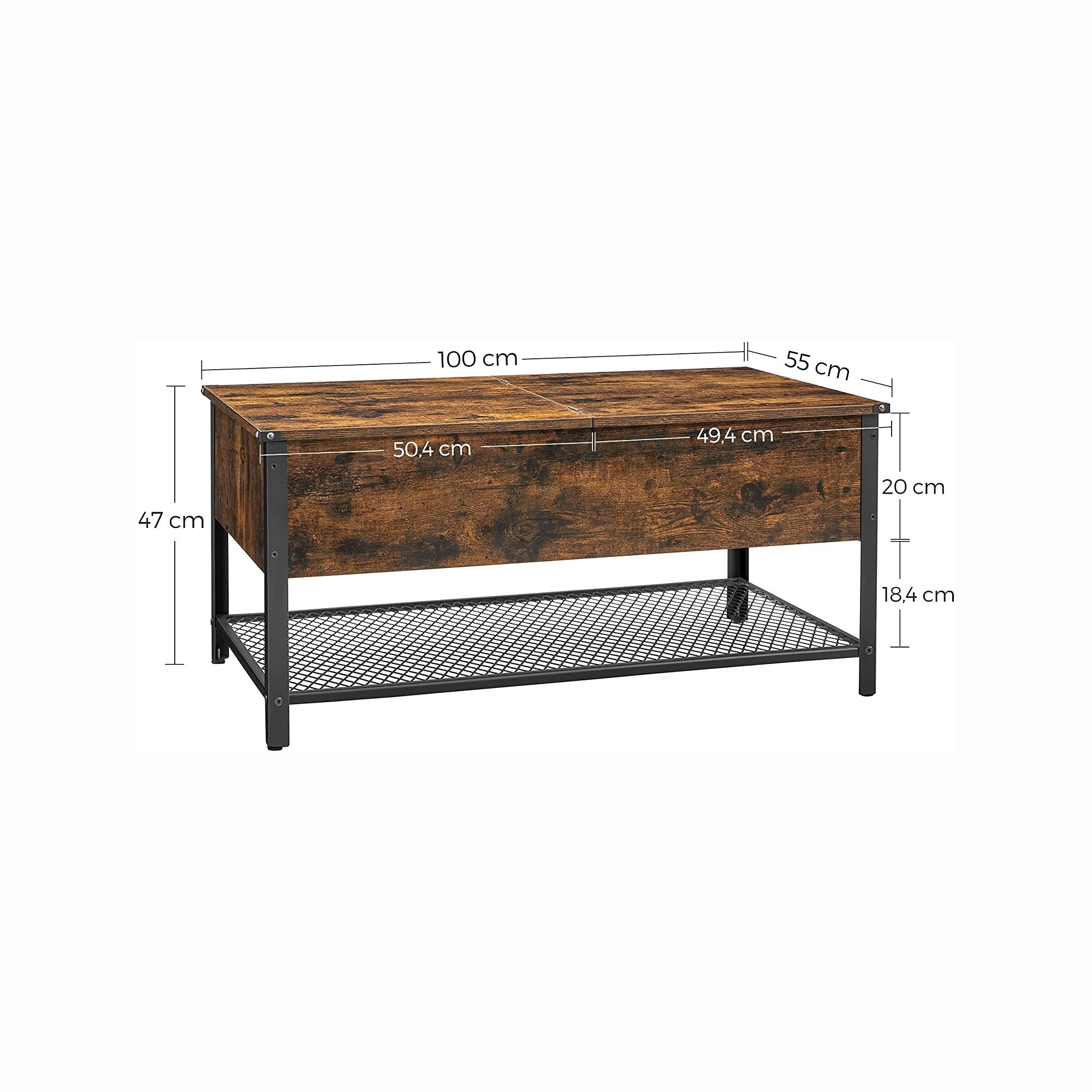 Coffee Table - Steel - Rustic Brown and Black - Folding Top with Hidden Storage and Mesh Shelf