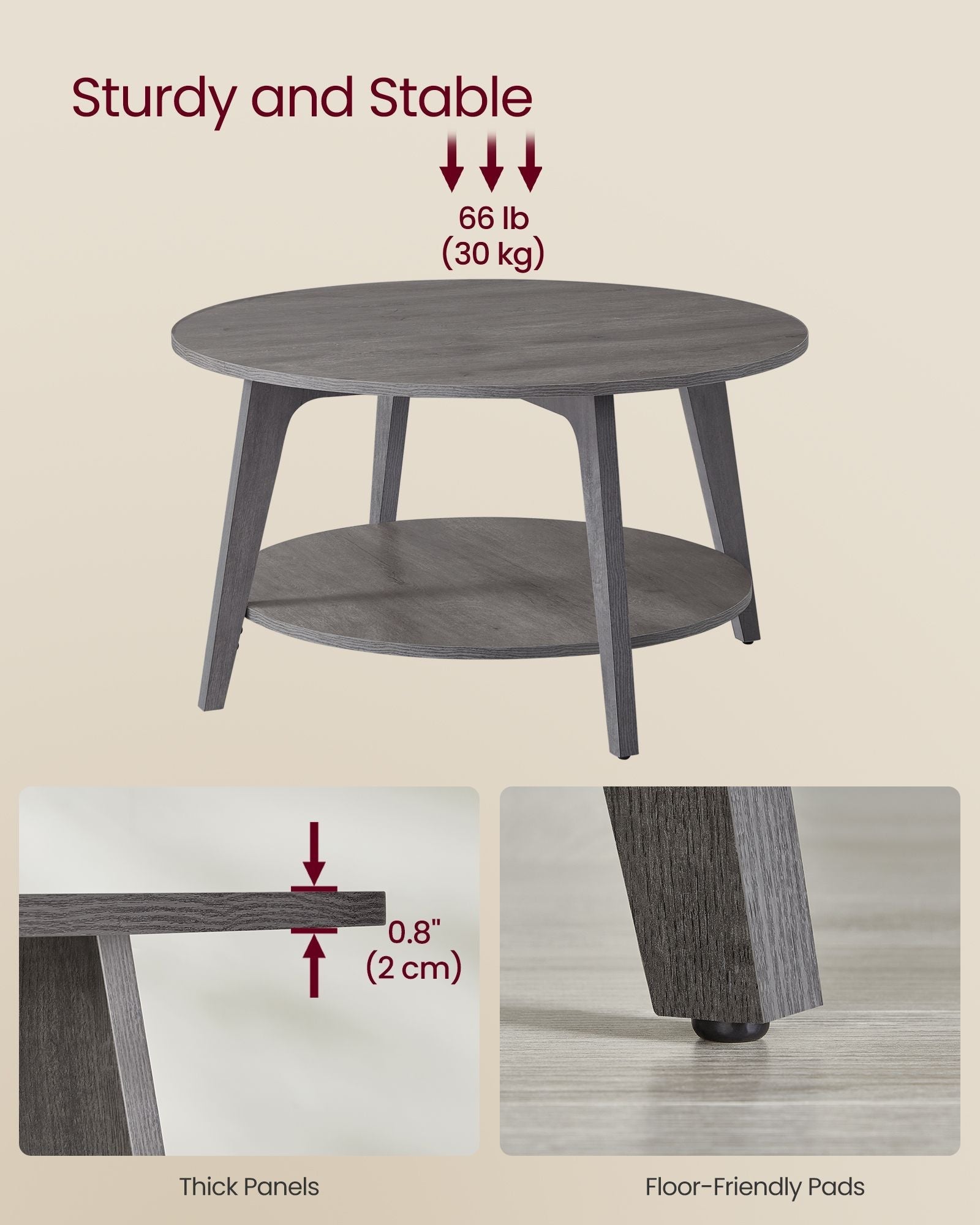 Round Coffee Table - Engineered Wood - Misty Grey - 2-Tier with Storage