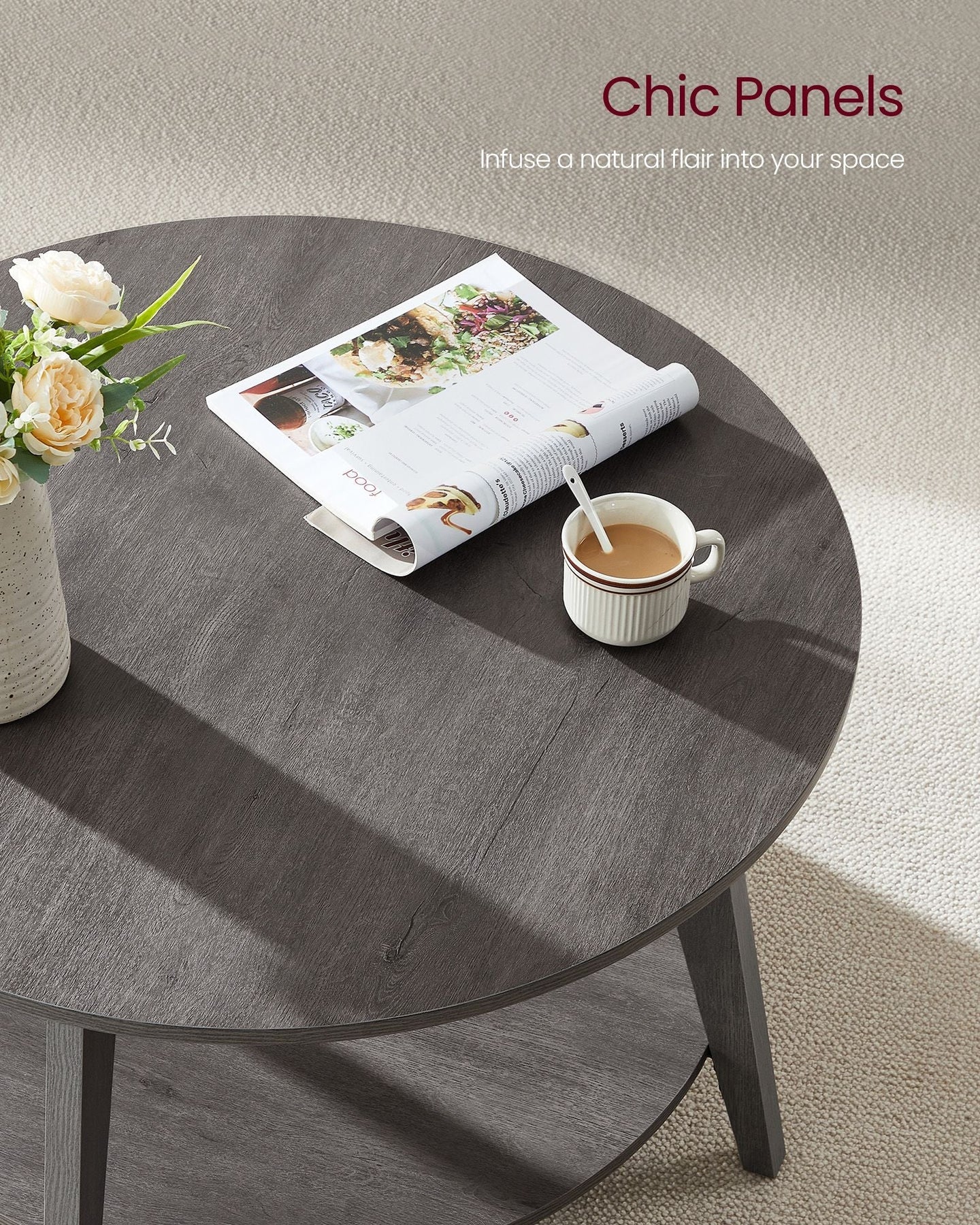 Round Coffee Table - Engineered Wood - Misty Grey - 2-Tier with Storage