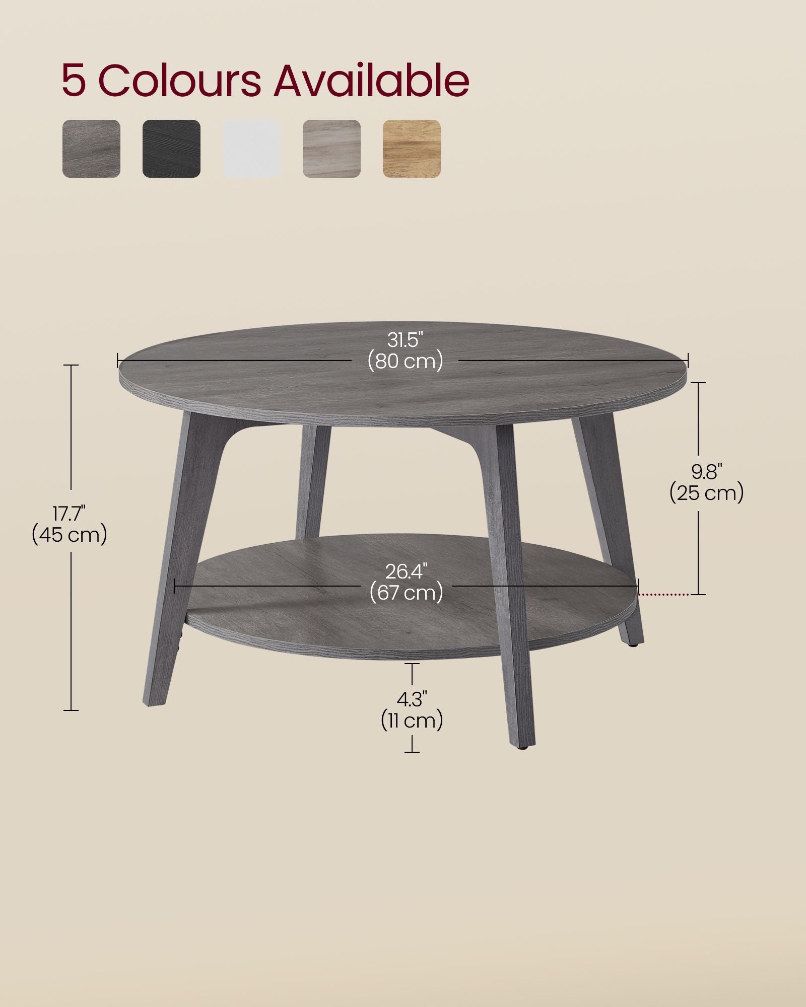 Round Coffee Table - Engineered Wood - Misty Grey - 2-Tier with Storage