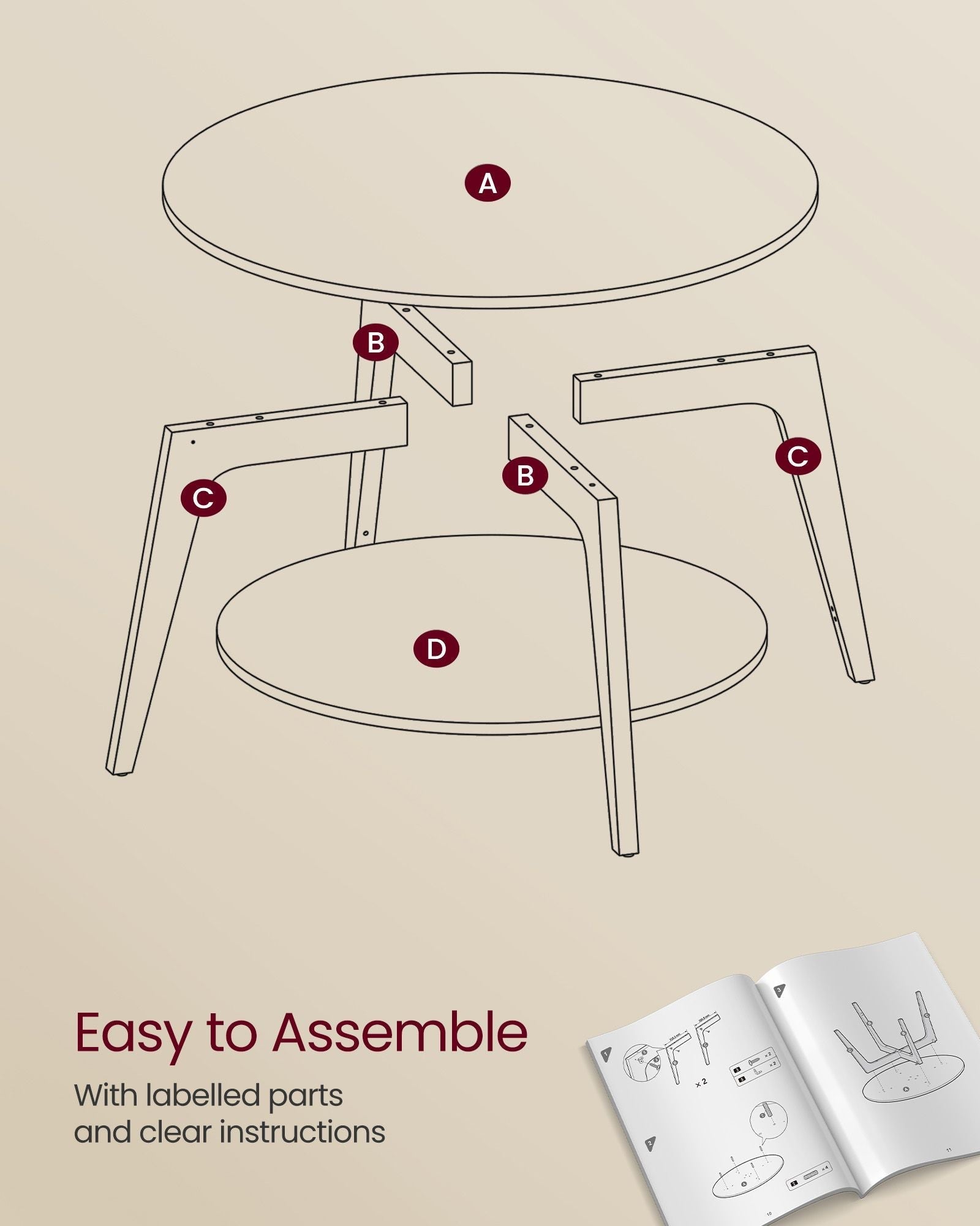 Round Coffee Table - Engineered Wood - Misty Grey - 2-Tier with Storage
