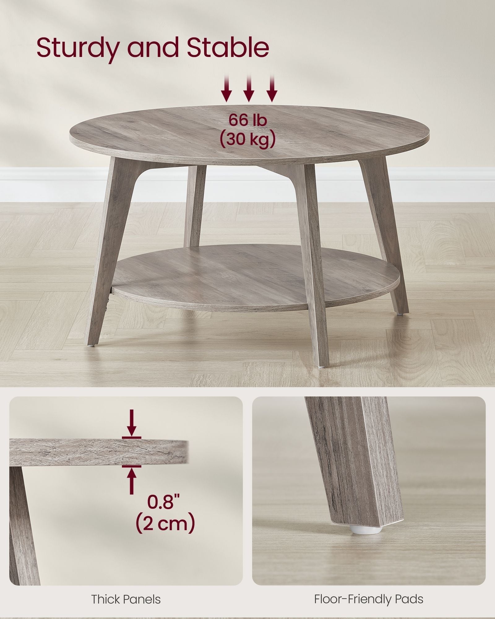 Round Coffee Table - Wood - Heather Greige - 2-Tier Design with Storage