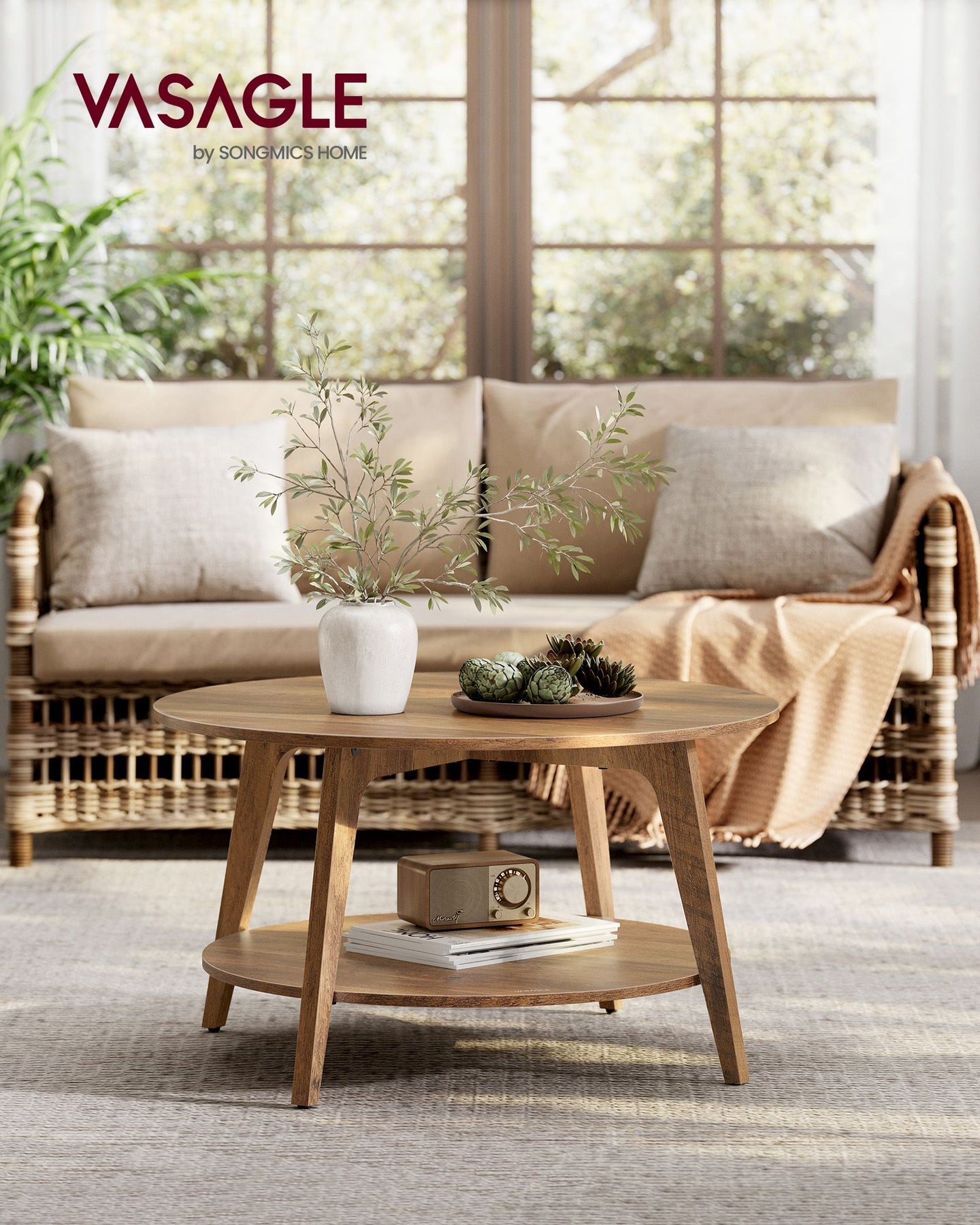 2-Tier Round Coffee Table - Wood and MDF - Honey Brown - with Storage
