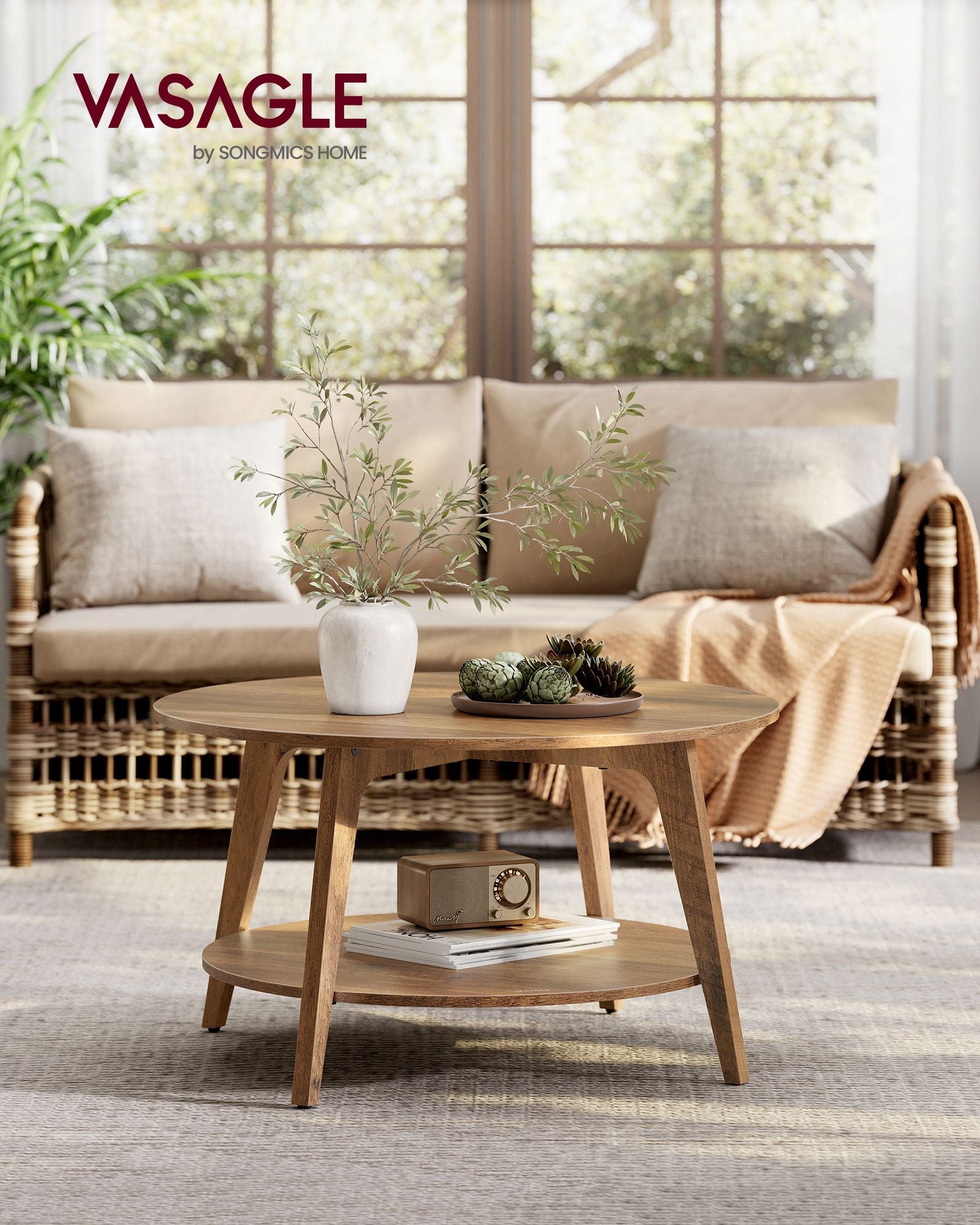 2-Tier Round Coffee Table - Wood and MDF - Honey Brown - with Storage