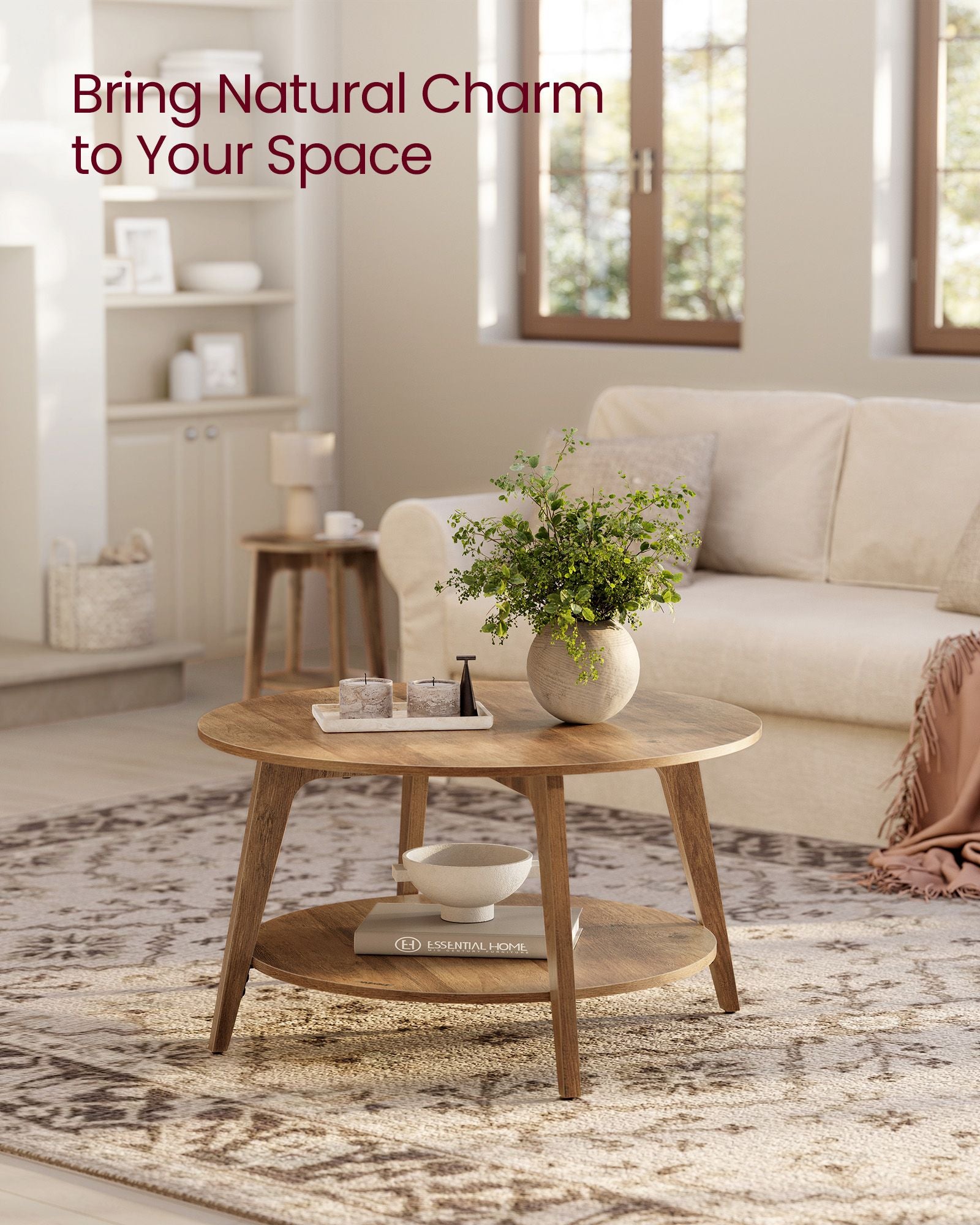 2-Tier Round Coffee Table - Wood and MDF - Honey Brown - with Storage