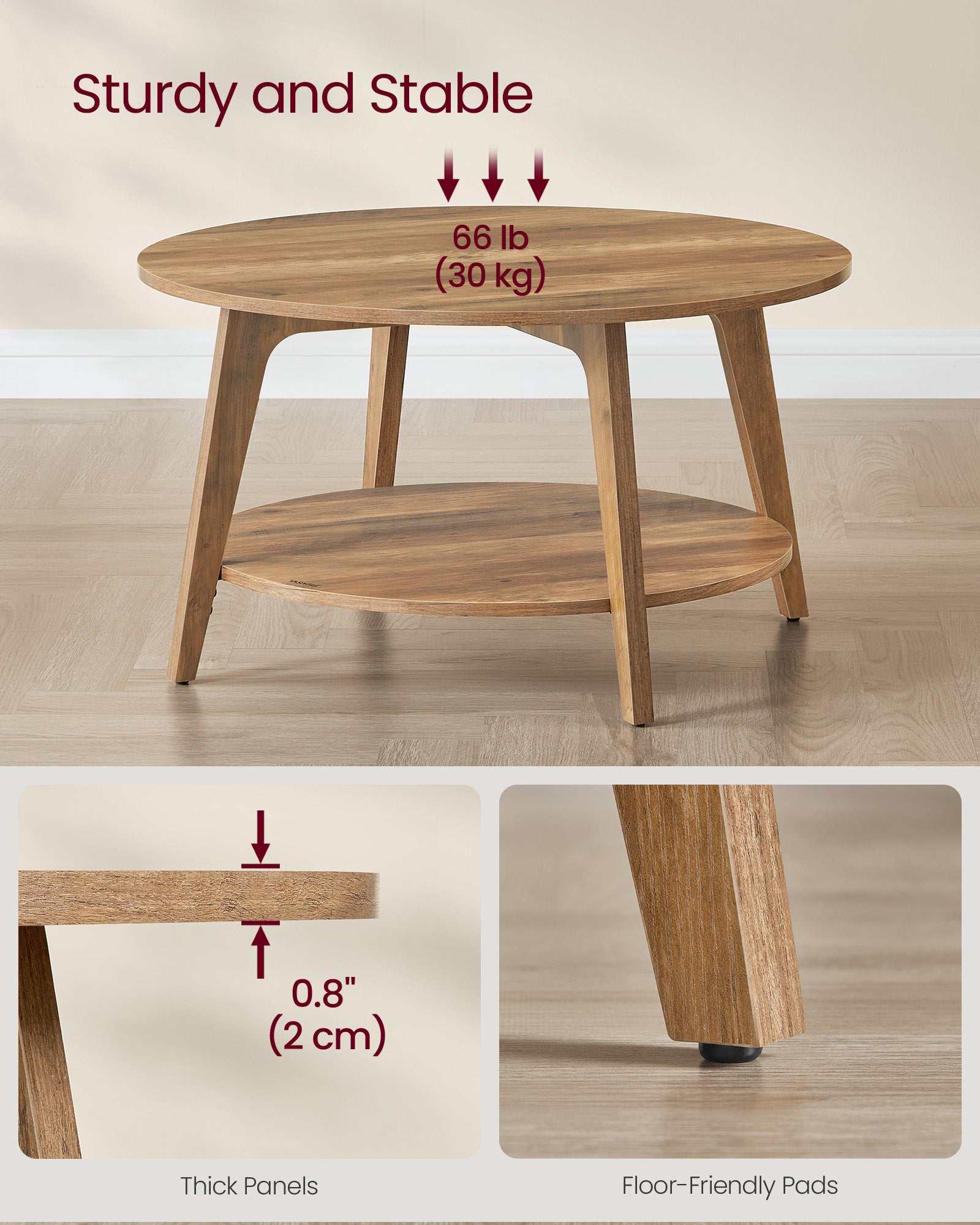2-Tier Round Coffee Table - Wood and MDF - Honey Brown - with Storage