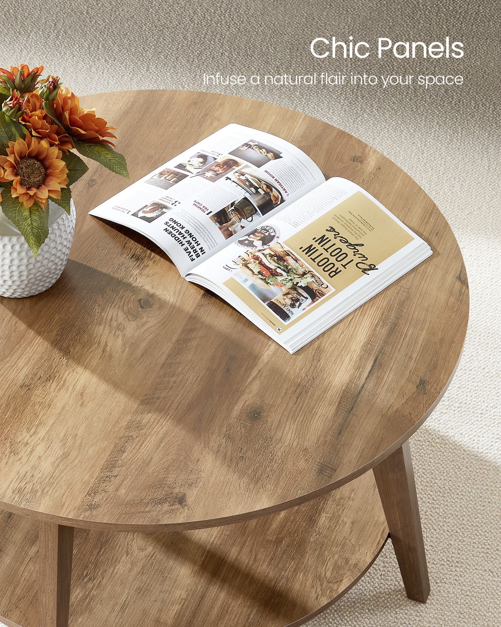 2-Tier Round Coffee Table - Wood and MDF - Honey Brown - with Storage