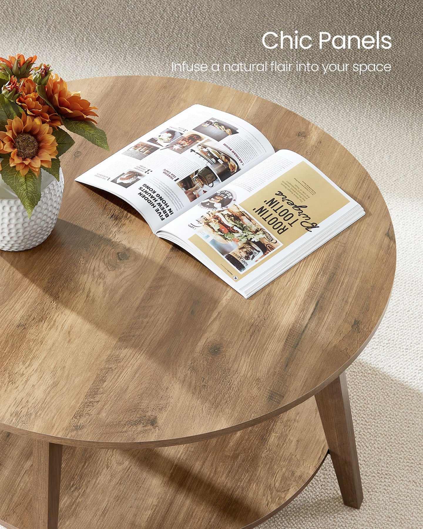 2-Tier Round Coffee Table - Wood and MDF - Honey Brown - with Storage