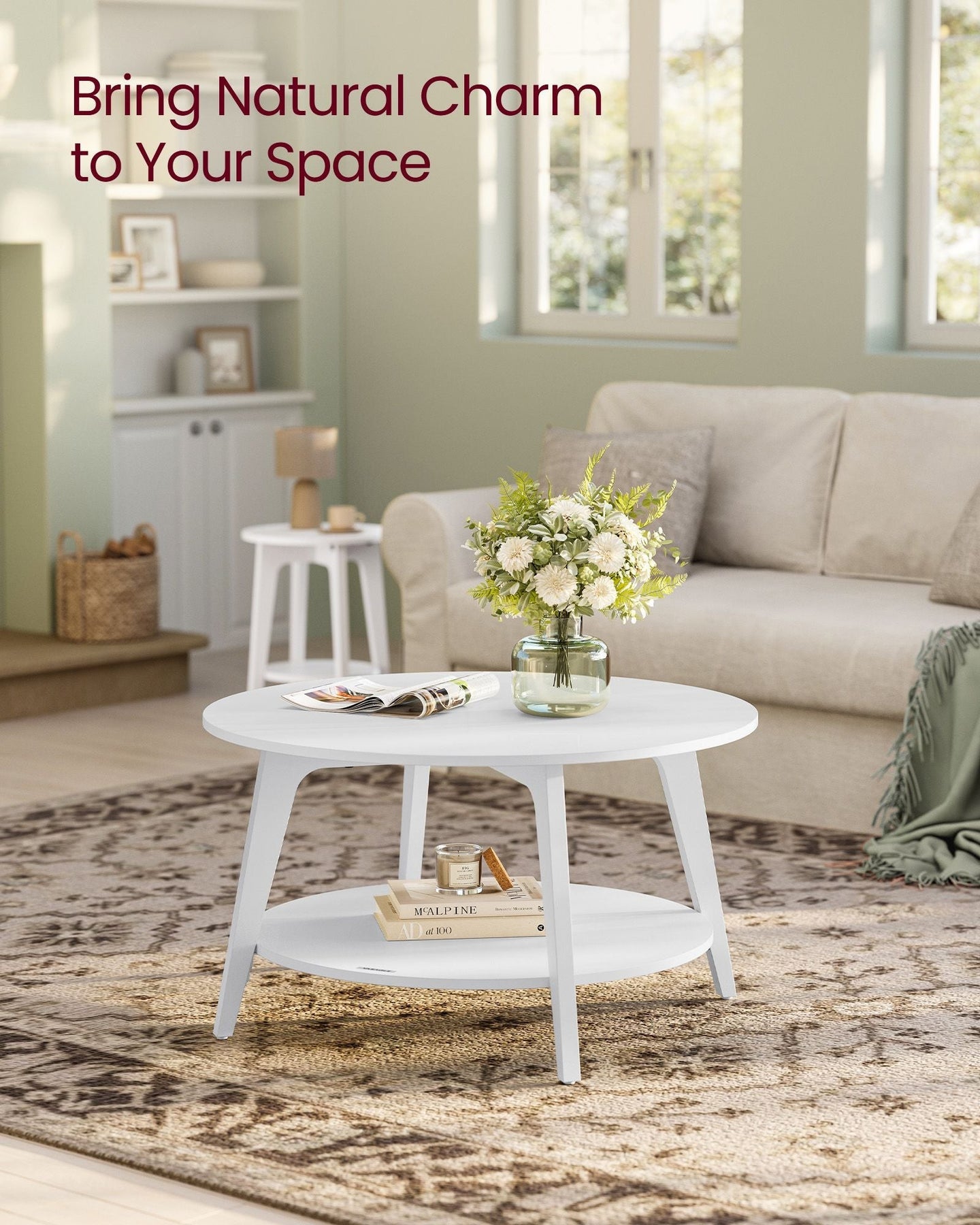 Round Coffee Table - Wood - Snow White - 2-Tier Design with Storage