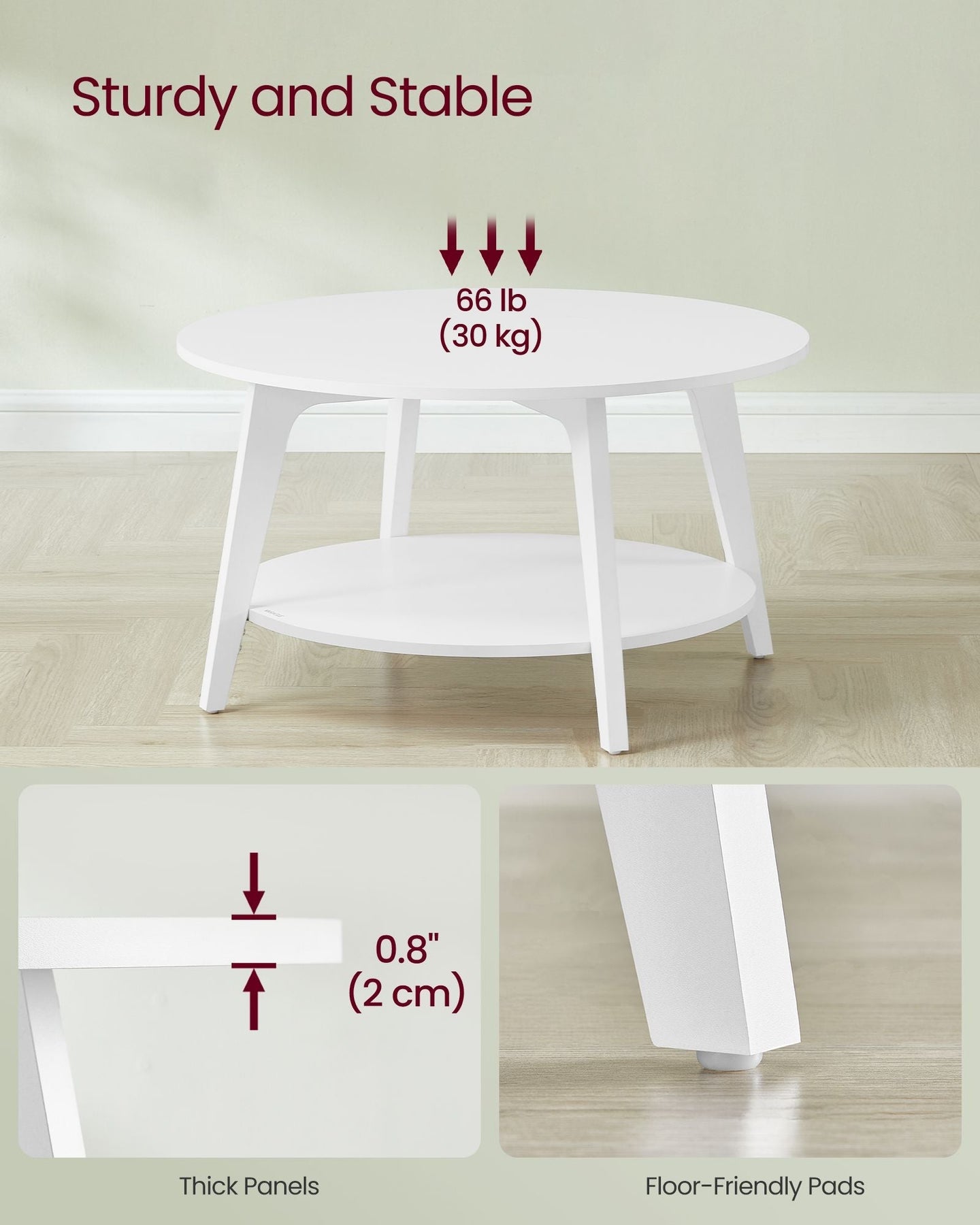 Round Coffee Table - Wood - Snow White - 2-Tier Design with Storage