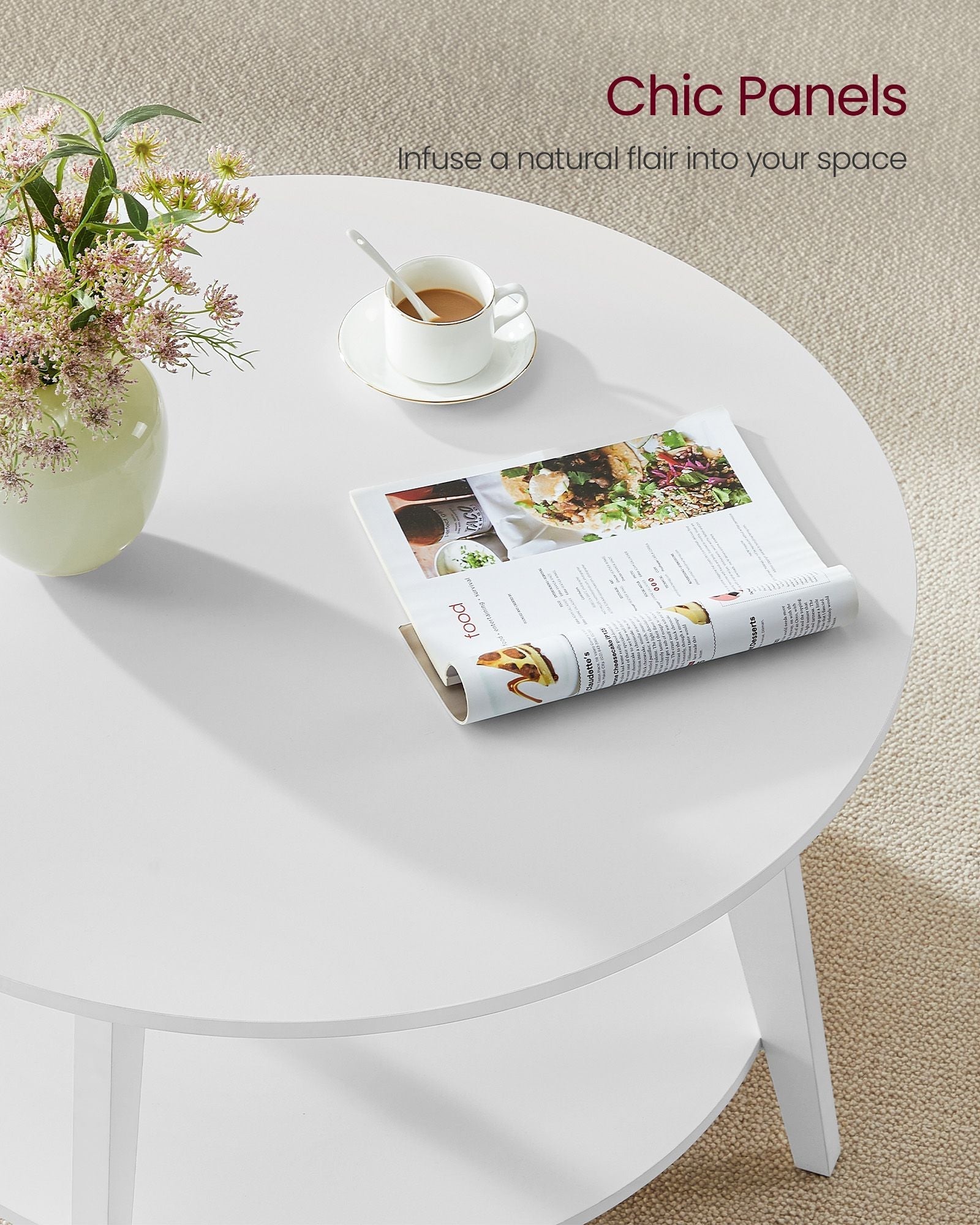 Round Coffee Table - Wood - Snow White - 2-Tier Design with Storage