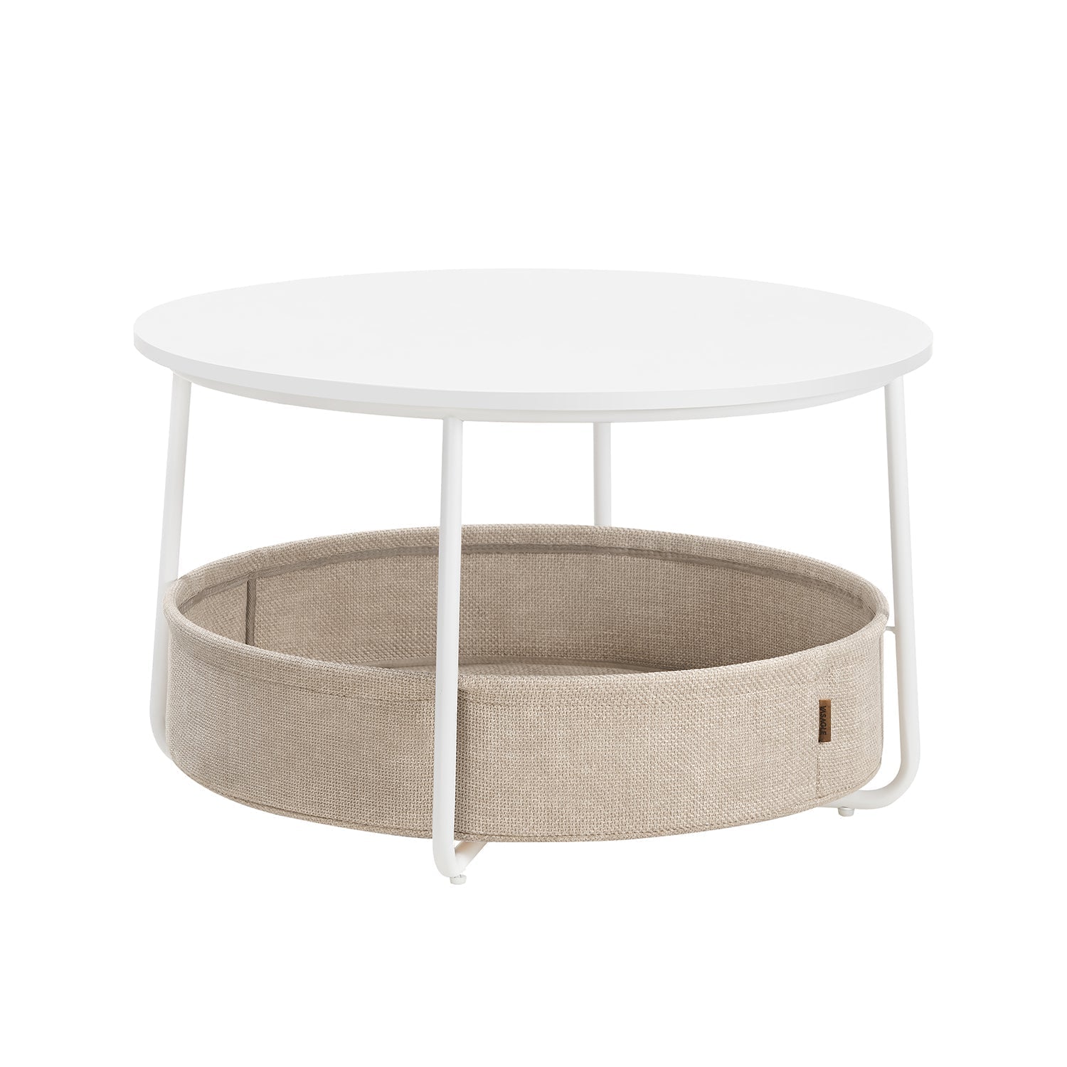 Round Coffee Table - Metal - Matte White - With Storage Basket
