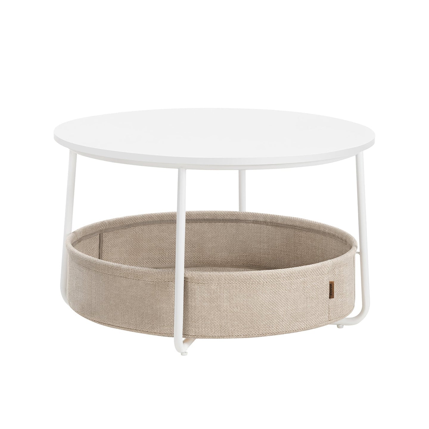 Round Coffee Table - Metal - Matte White - With Storage Basket