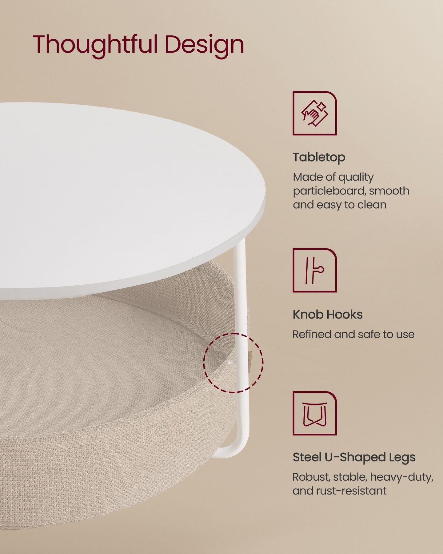 Round Coffee Table - Metal - Matte White - With Storage Basket