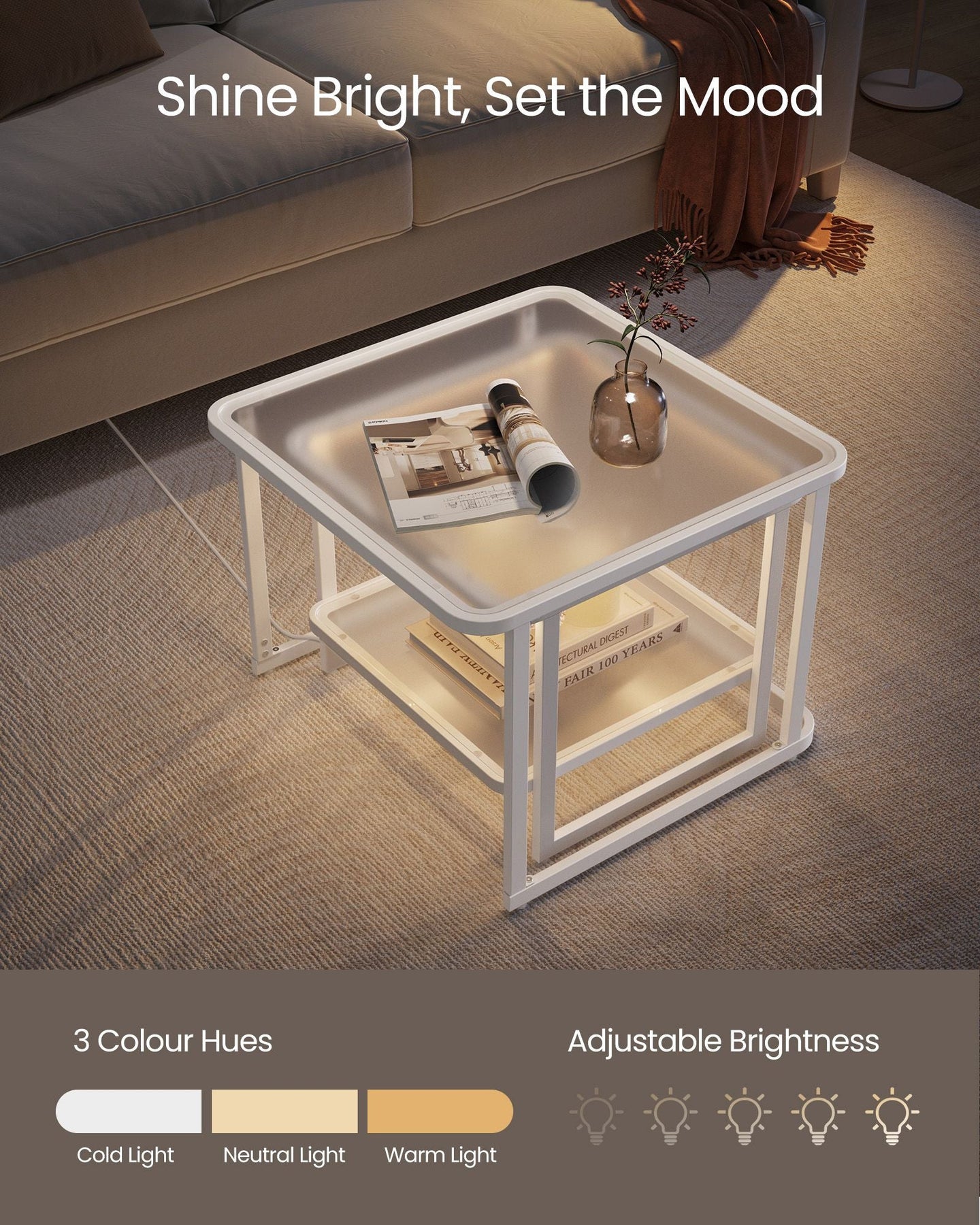 Nesting Tables Set of 2 - Wood - Cloud White - LED Lights