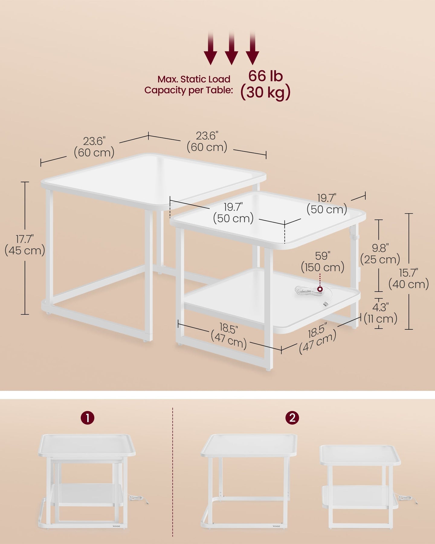 Nesting Tables Set of 2 - Wood - Cloud White - LED Lights