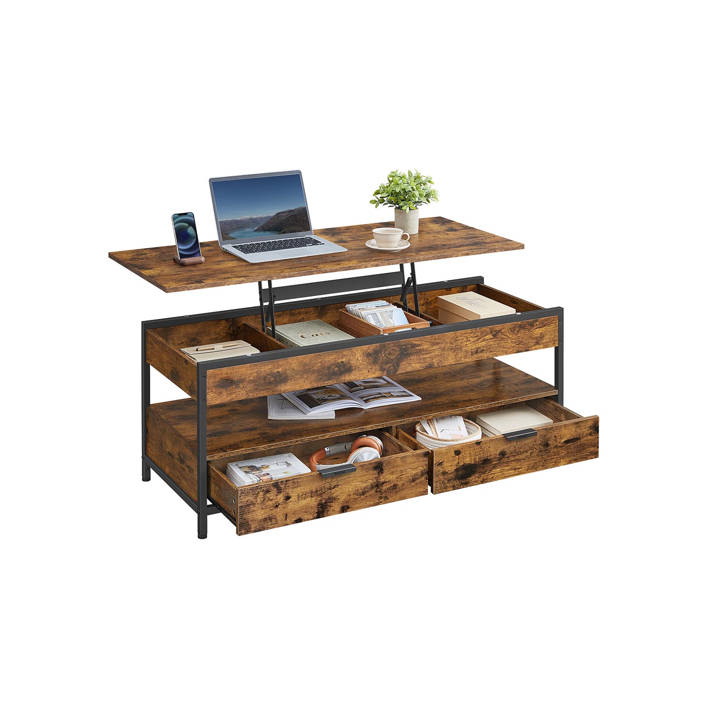 Lift Top Coffee Table - Wood - Rustic Brown - Hidden Compartments and Storage Drawers