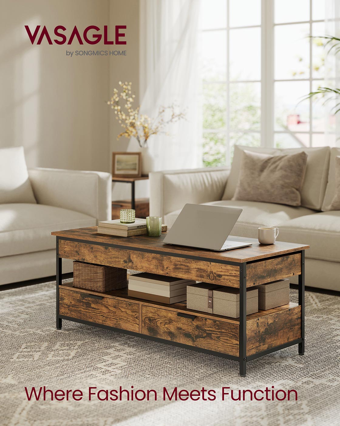 Lift Top Coffee Table - Wood - Rustic Brown - Hidden Compartments and Storage Drawers