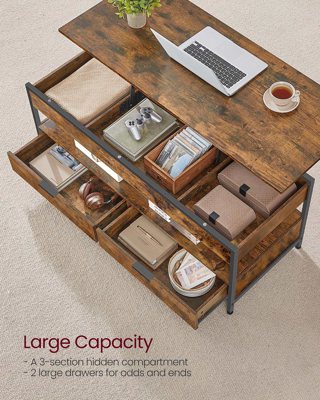 Lift Top Coffee Table - Wood - Rustic Brown - Hidden Compartments and Storage Drawers