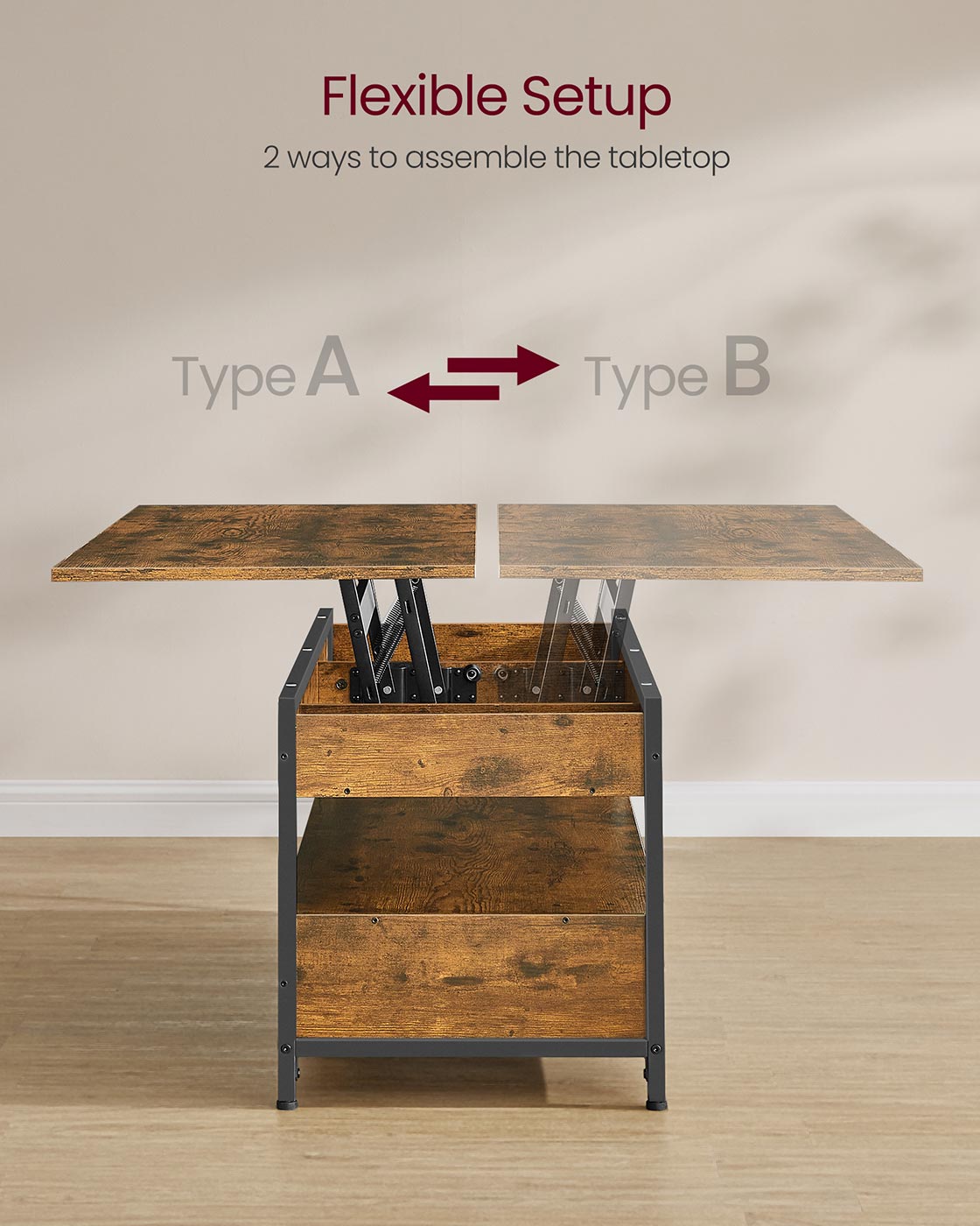 Lift Top Coffee Table - Wood - Rustic Brown - Hidden Compartments and Storage Drawers