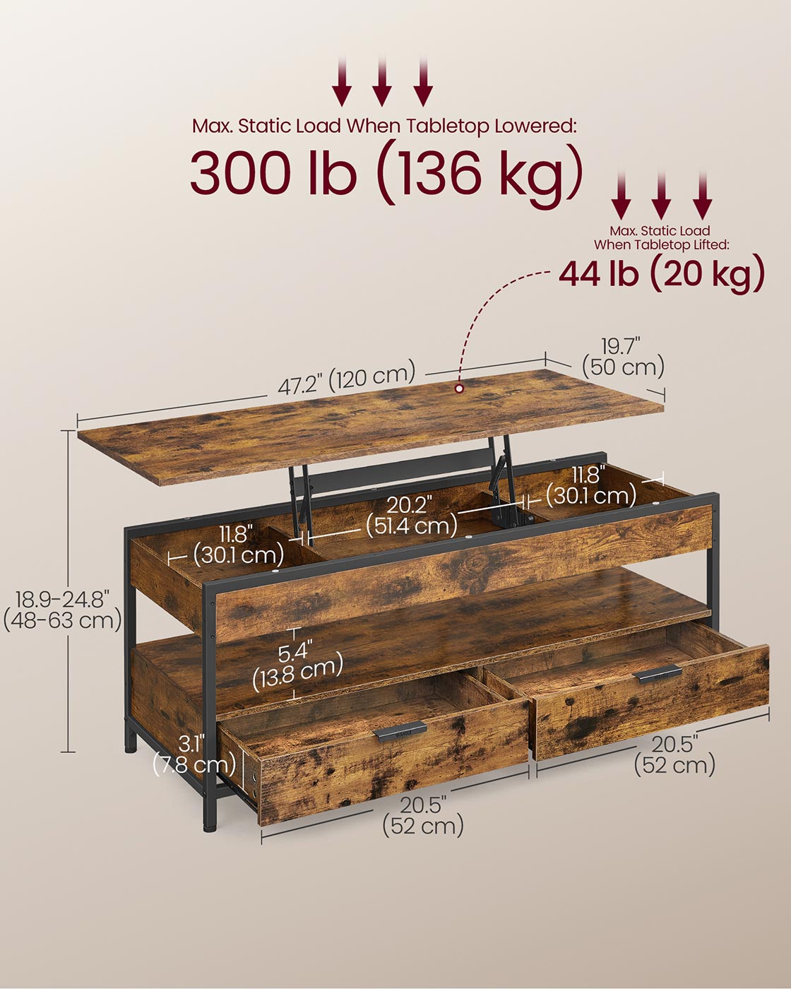 Lift Top Coffee Table - Wood - Rustic Brown - Hidden Compartments and Storage Drawers