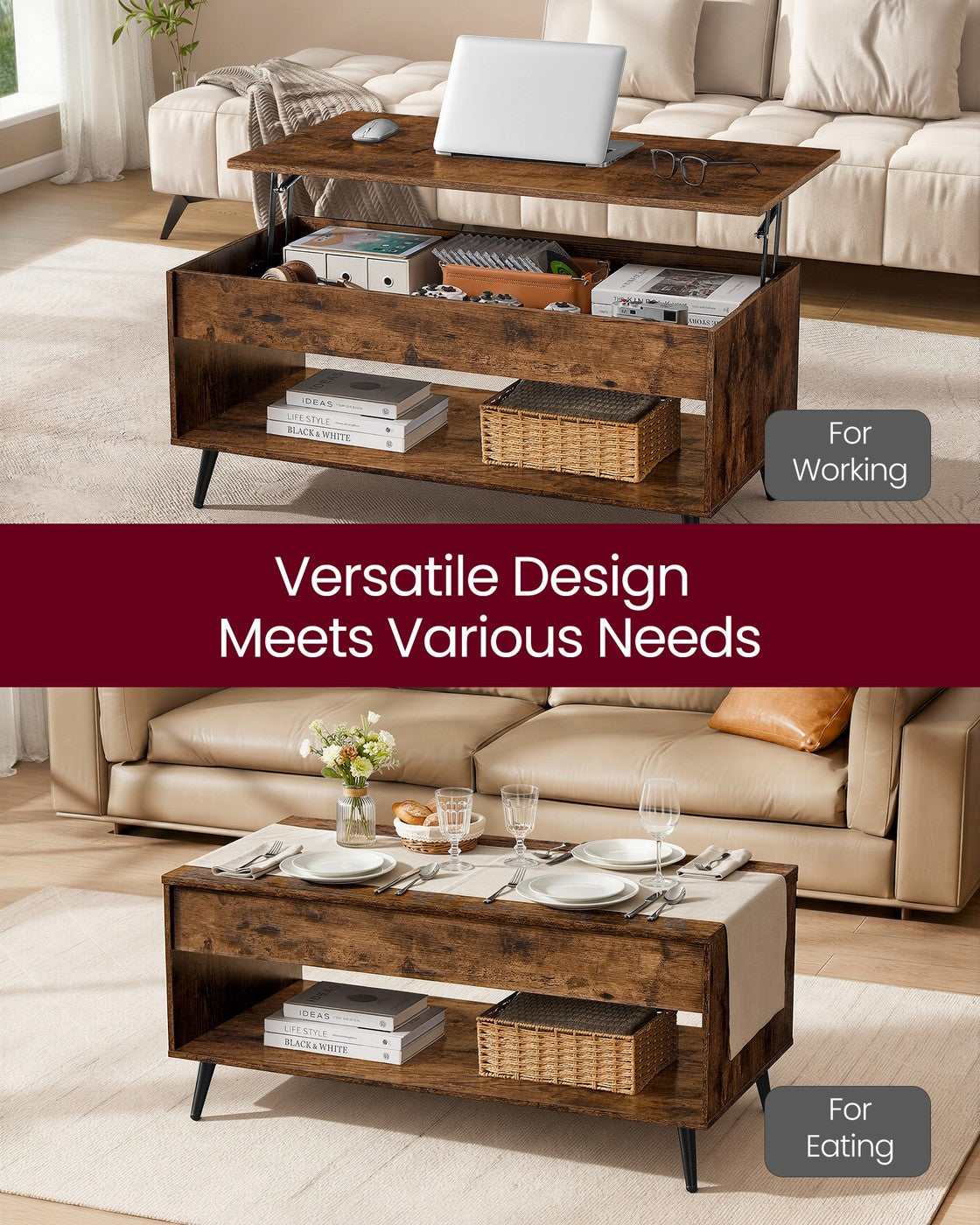Lift-Top Dining Table - 37.2L - Particleboard - Hidden Compartment