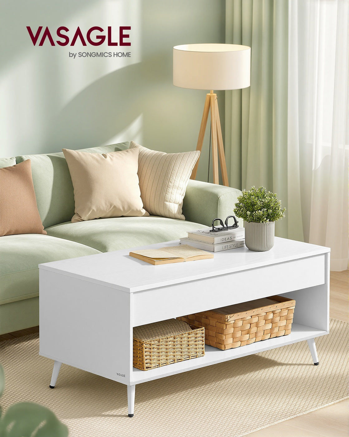 Coffee Table - Lift-Top with Storage - Matte White - 50 x 100 x 45 cm
