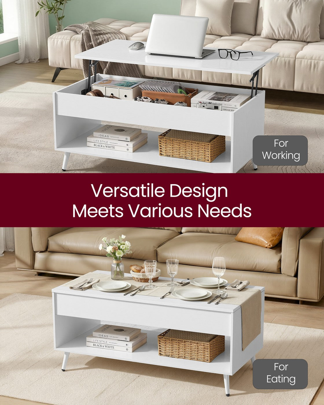 Coffee Table - Lift-Top with Storage - Matte White - 50 x 100 x 45 cm