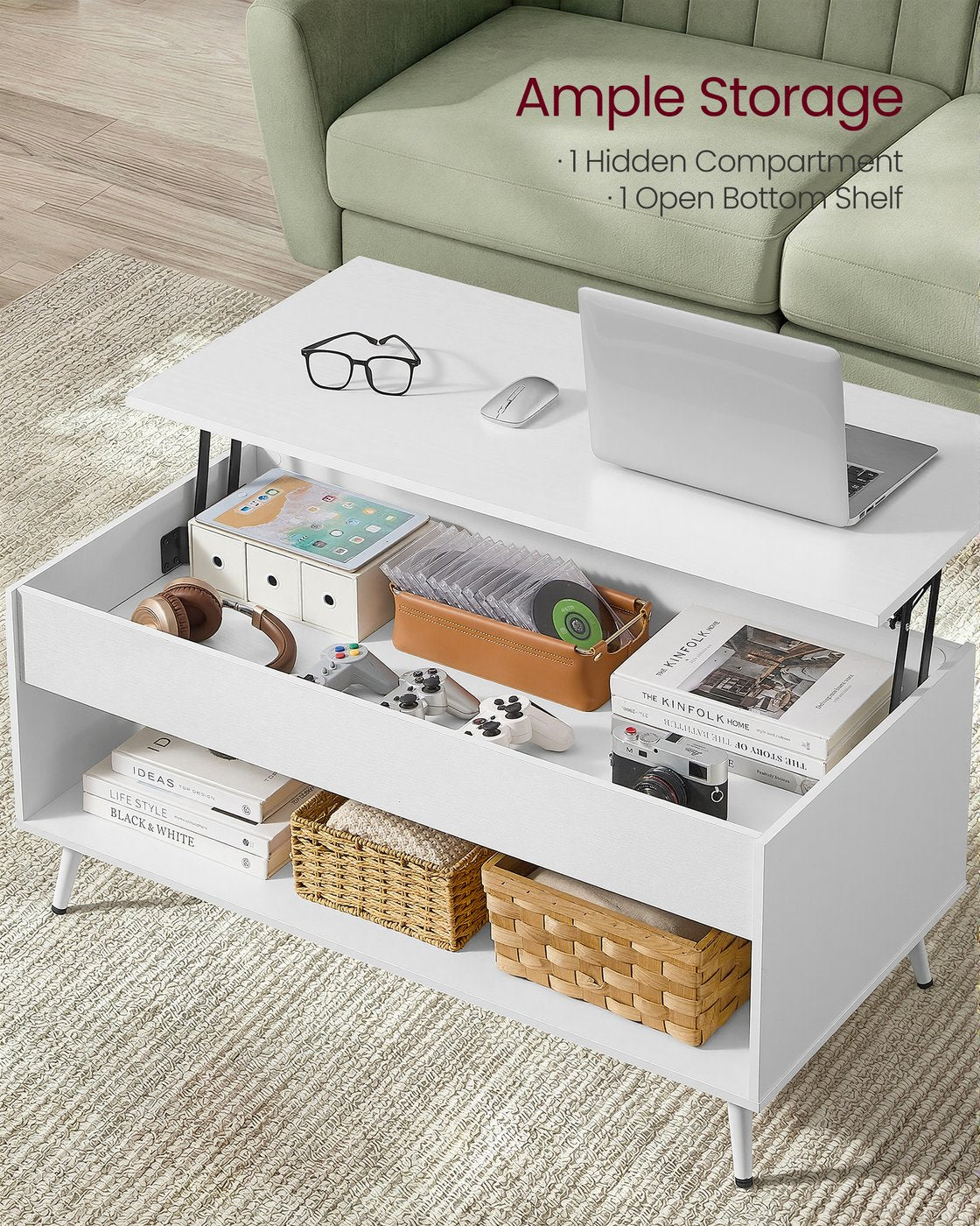 Coffee Table - Lift-Top with Storage - Matte White - 50 x 100 x 45 cm