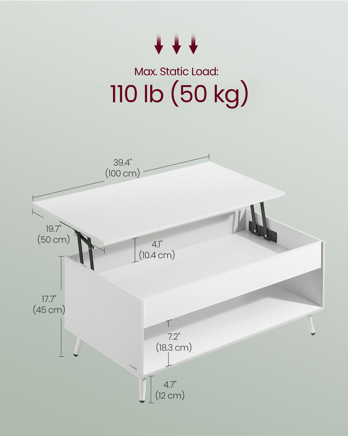 Coffee Table - Lift-Top with Storage - Matte White - 50 x 100 x 45 cm