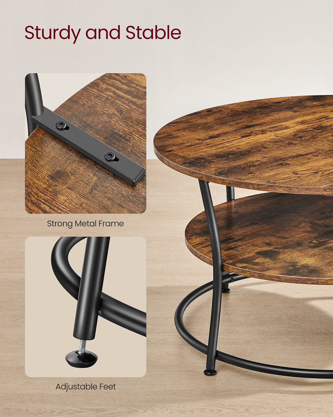 Round Cocktail Table - Metal - Rustic Brown