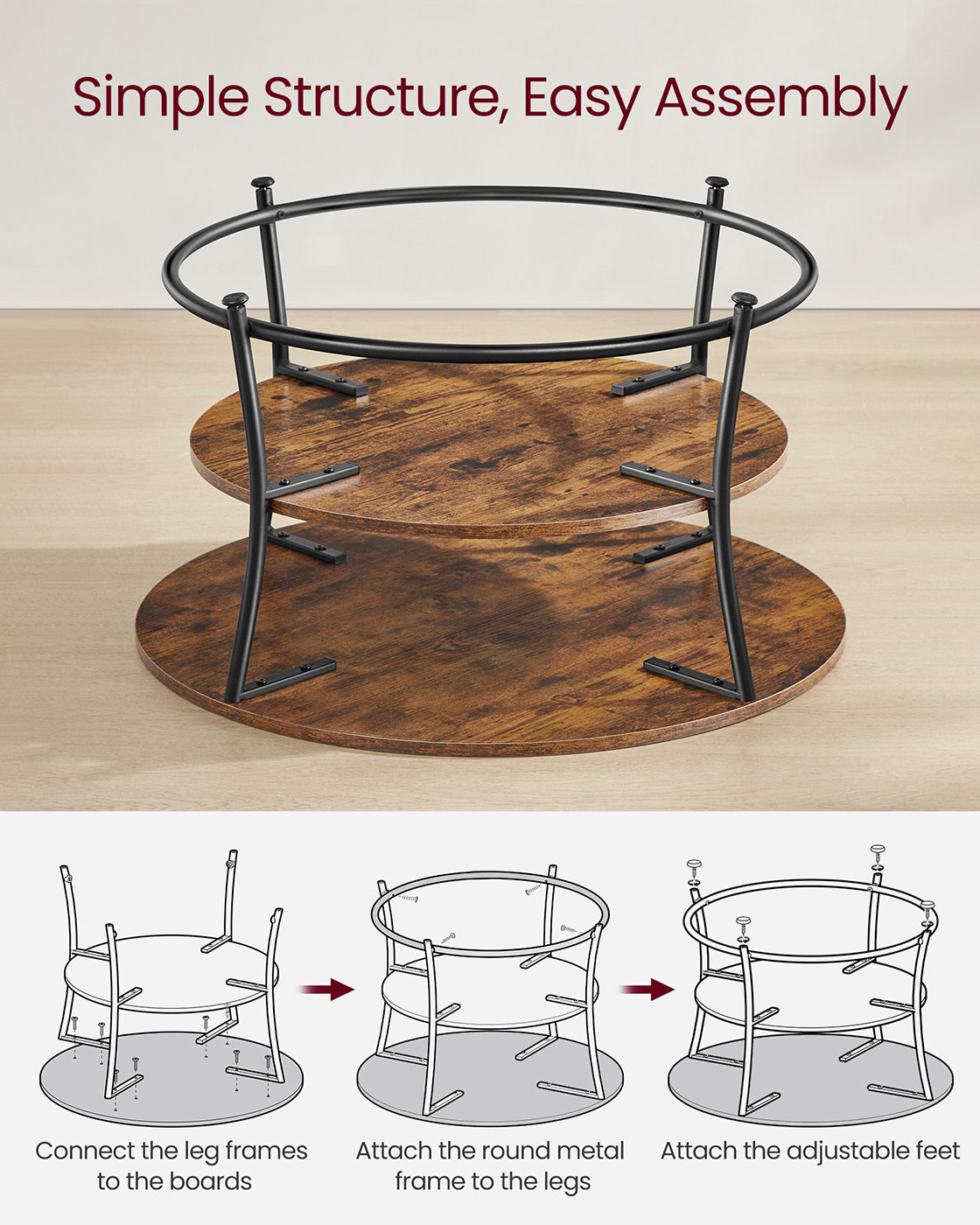 Round Cocktail Table - Metal - Rustic Brown