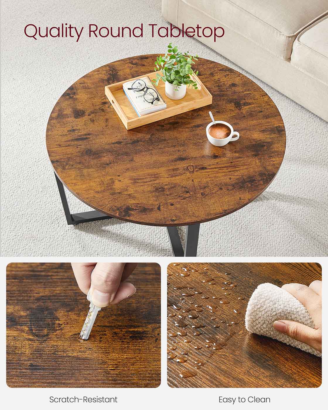Round Coffee Table - Metal - Rustic Brown - Easy to Assemble