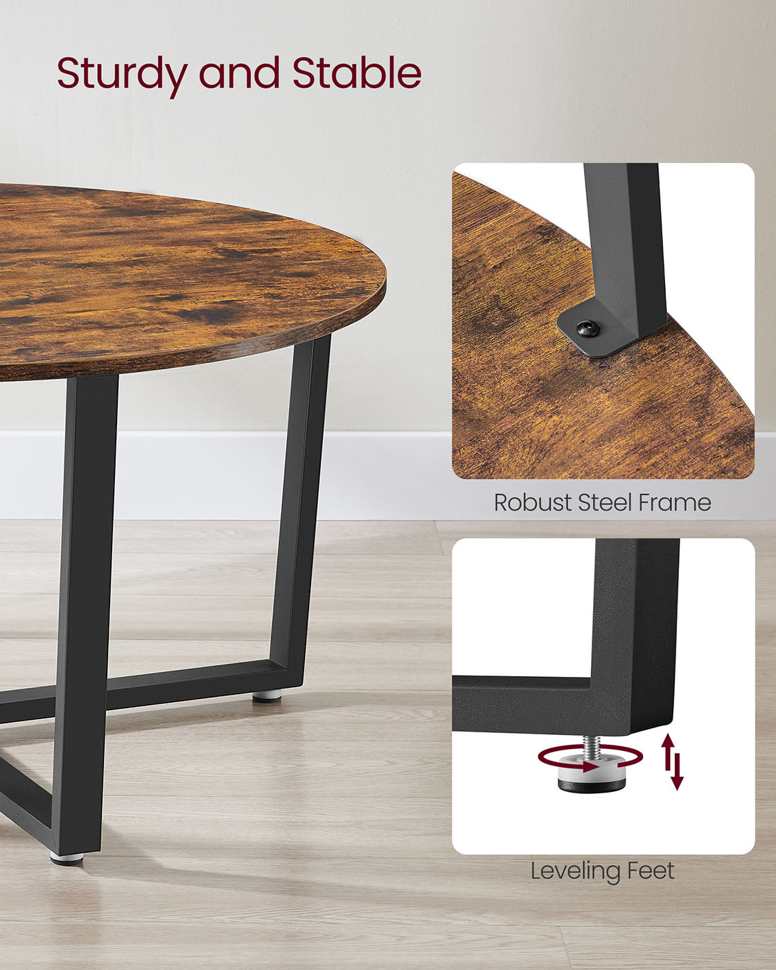 Round Coffee Table - Metal - Rustic Brown - Easy to Assemble