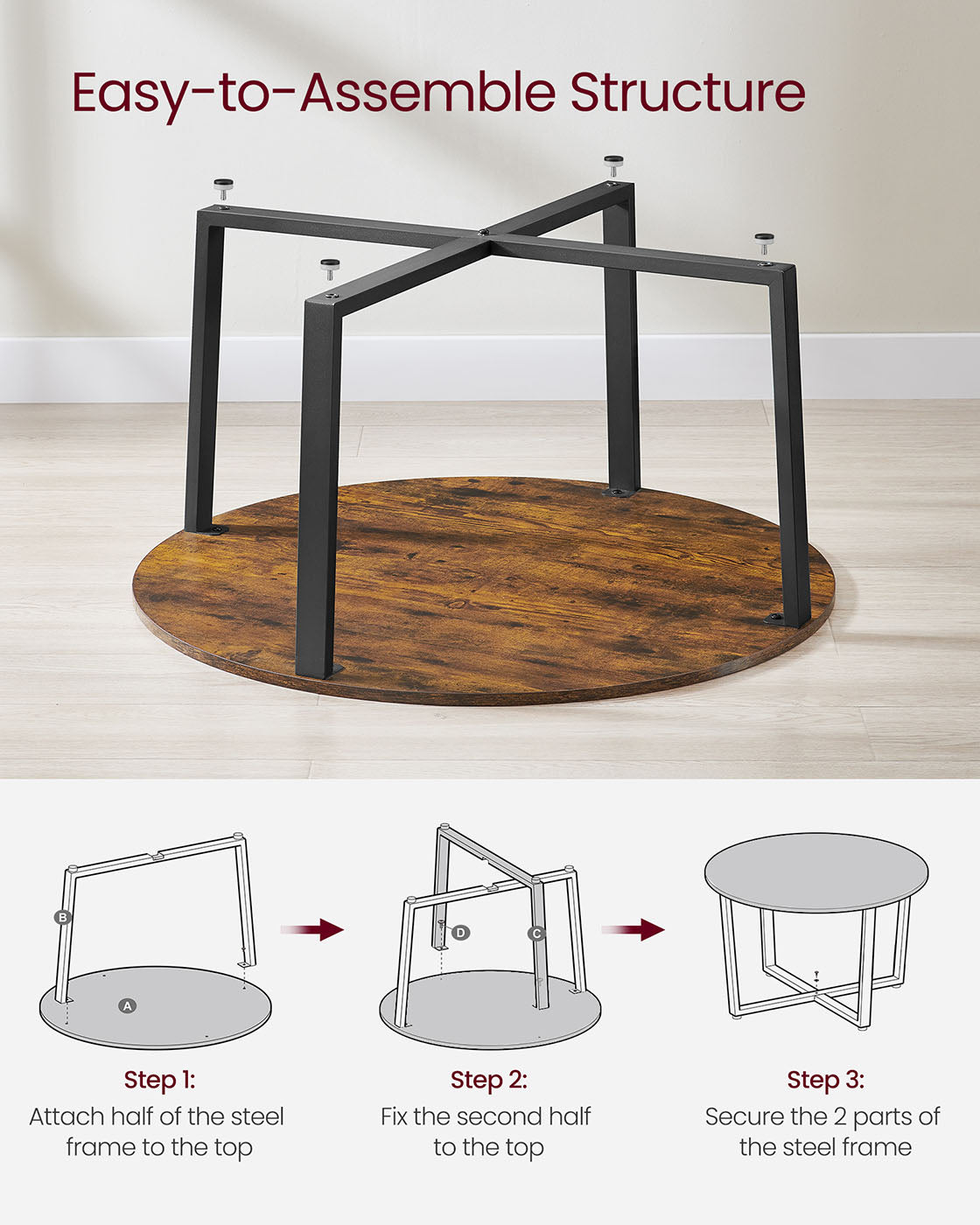 Round Coffee Table - Metal - Rustic Brown - Easy to Assemble