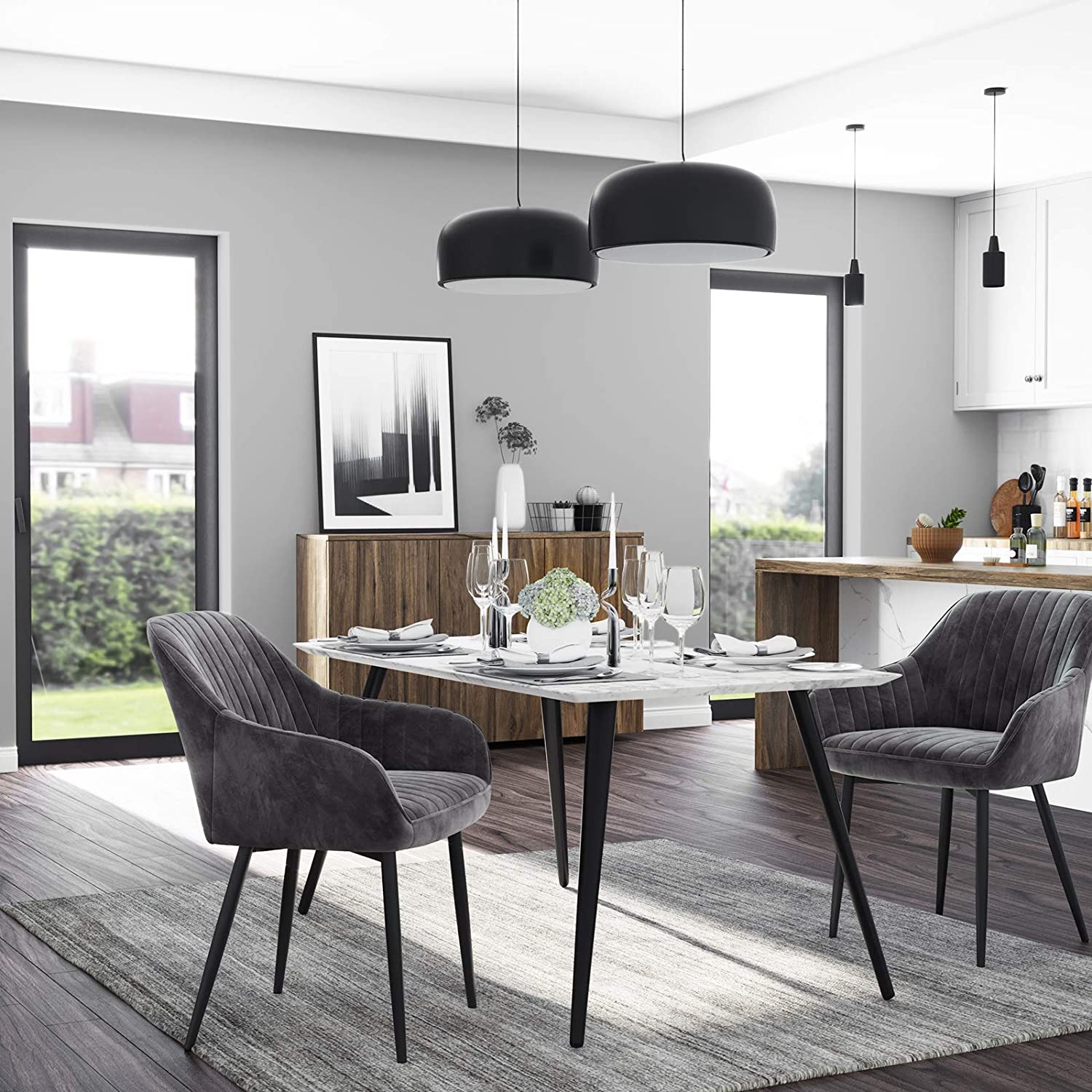 Upholstered Dining Chair - Velvet - Grey - Armrests