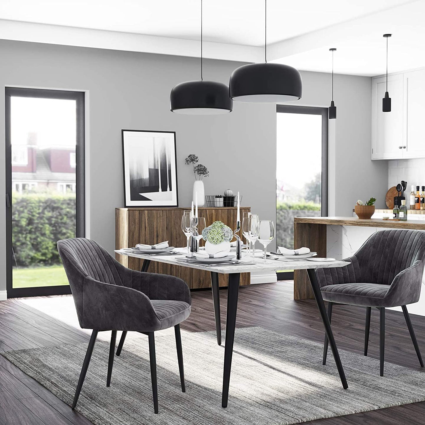 Upholstered Dining Chair - Velvet - Grey - Armrests