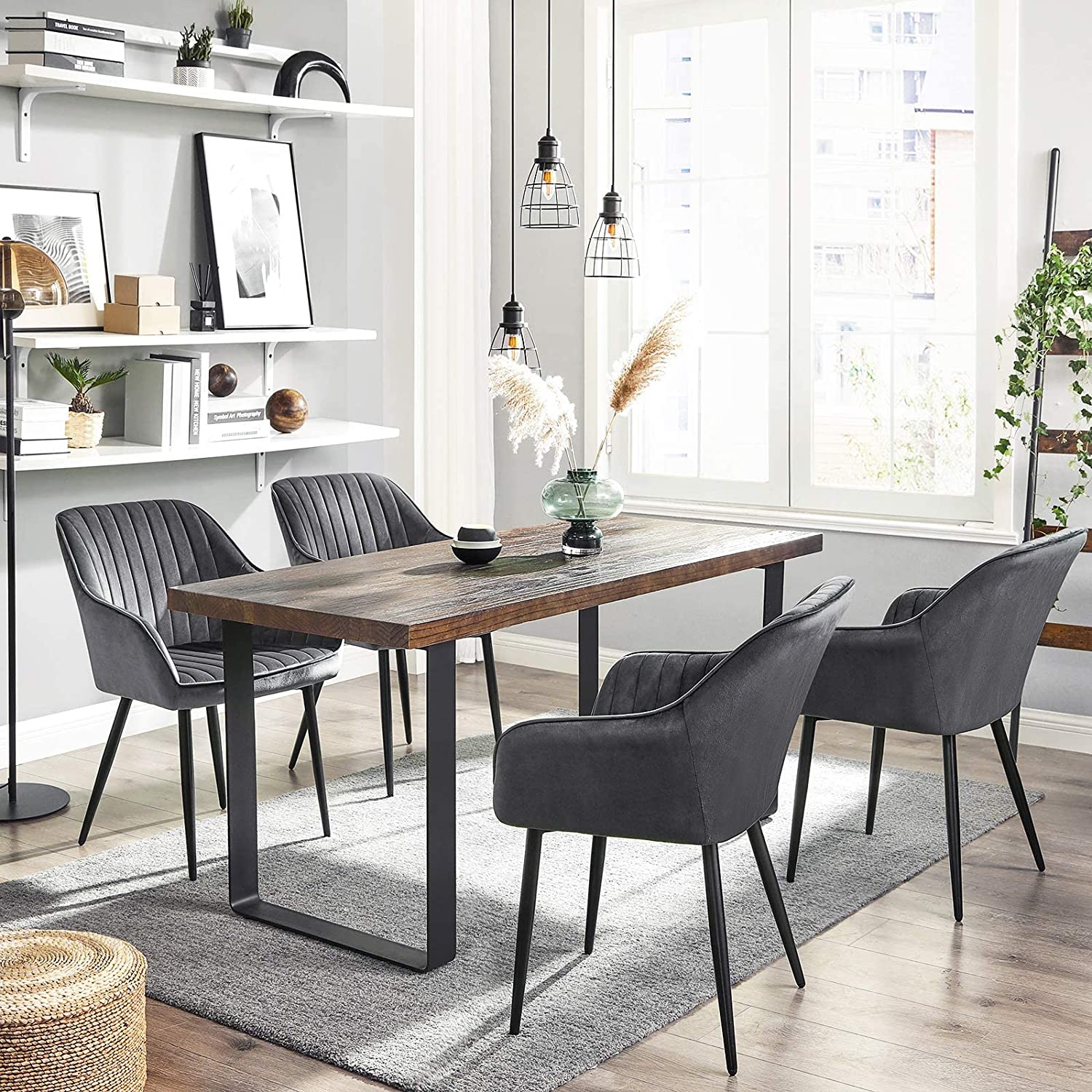 Upholstered Dining Chair - Velvet - Grey - Armrests