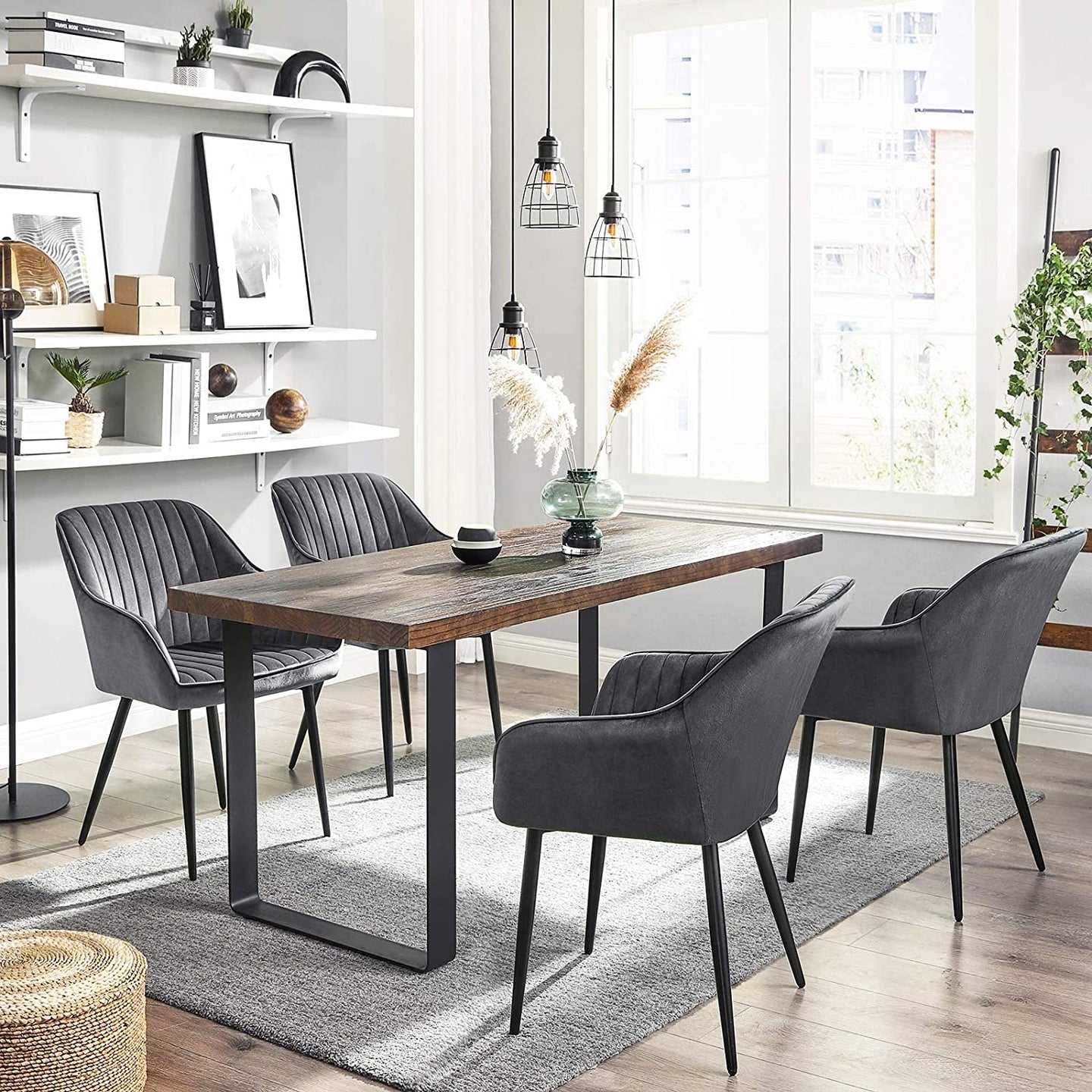 Upholstered Dining Chair - Velvet - Grey - Armrests