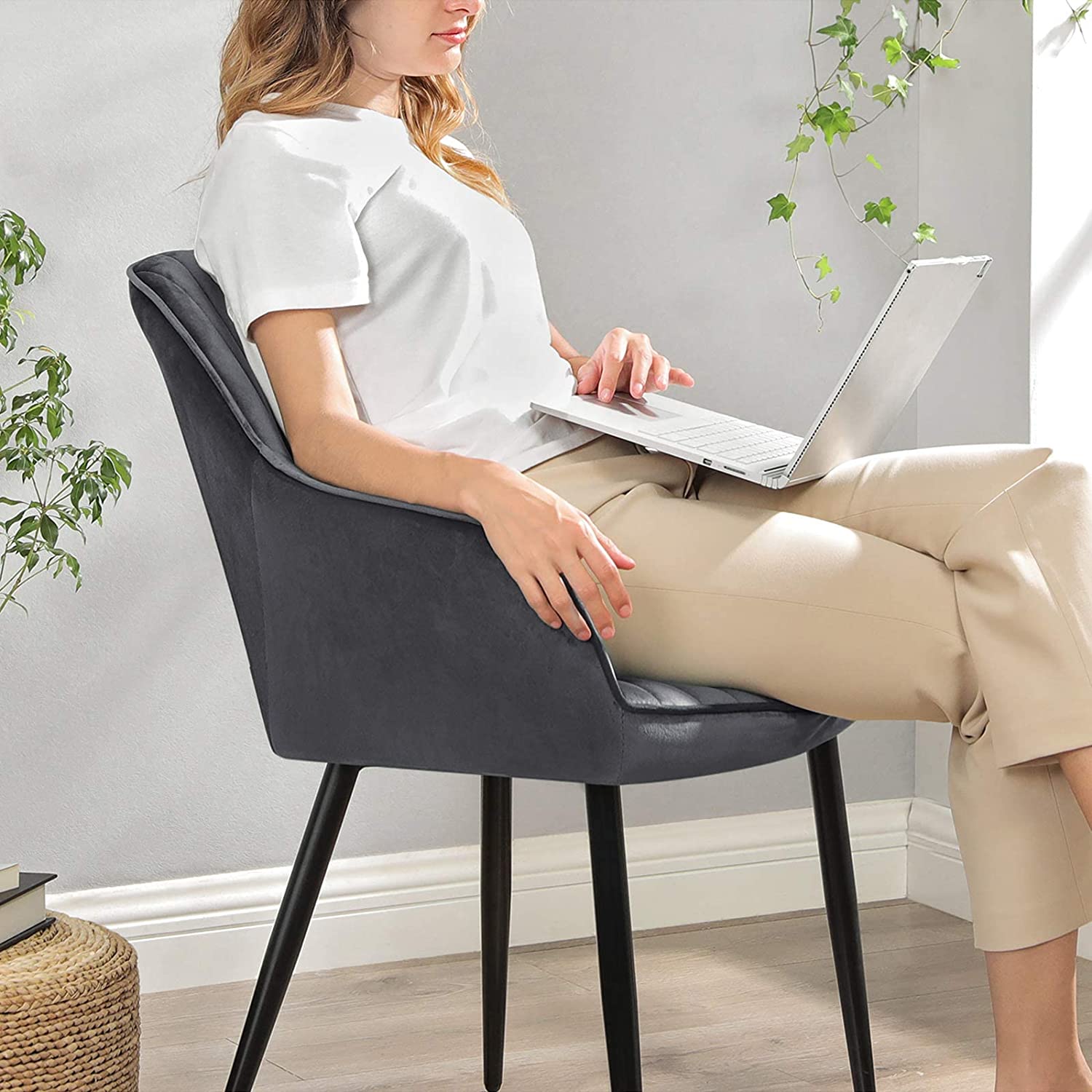 Upholstered Dining Chair - Velvet - Grey - Armrests