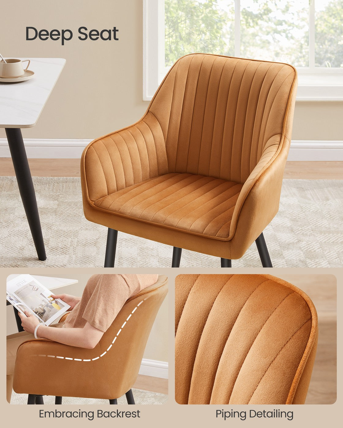 Dining Chair - Velvet - Caramel Brown - Upholstered with Armrests