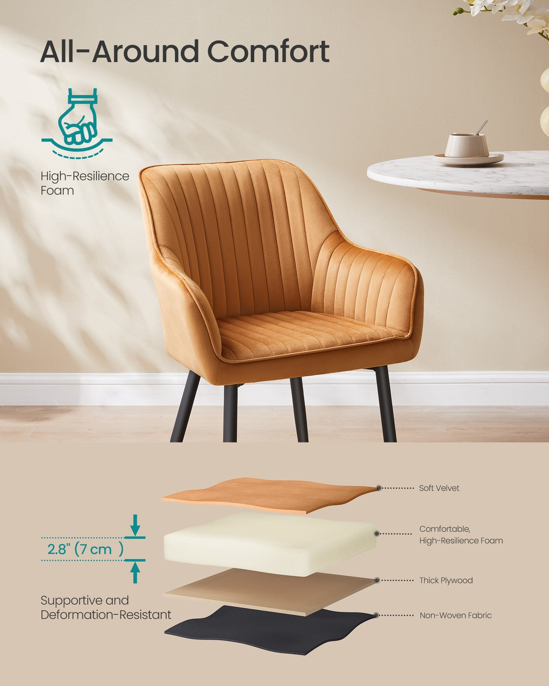 Dining Chair - Velvet - Caramel Brown - Upholstered with Armrests